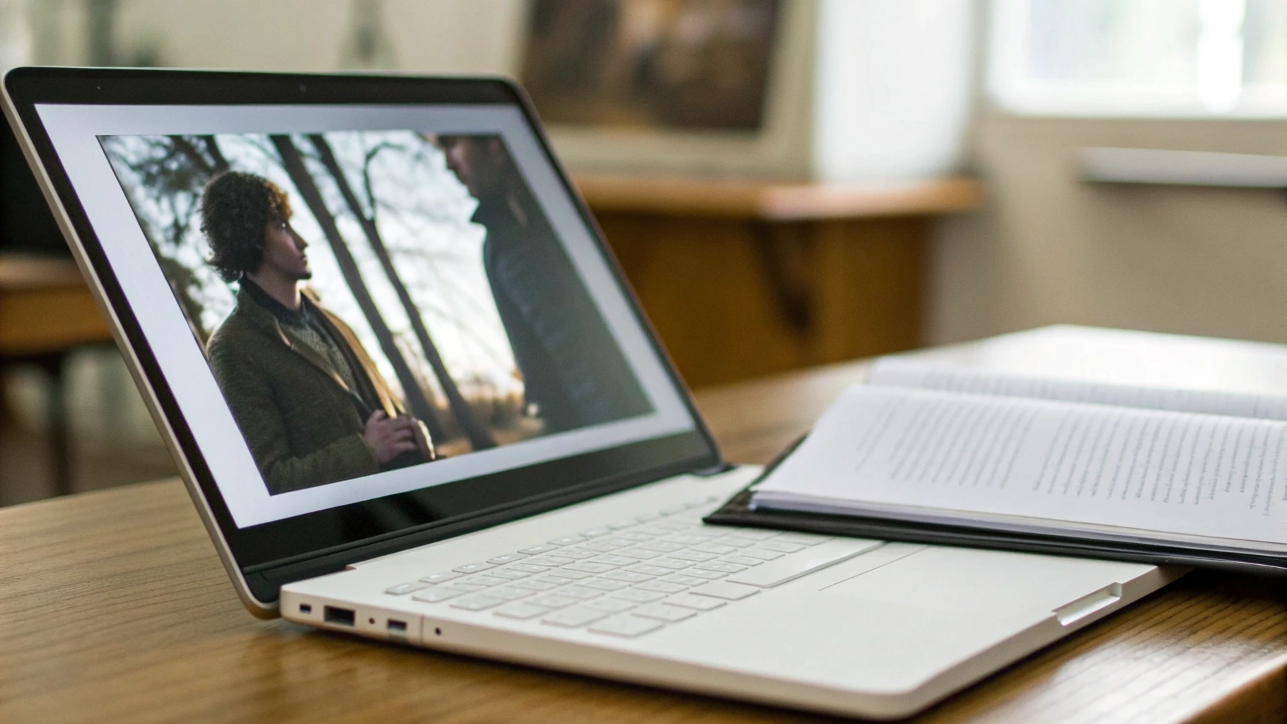 Экран 14-дюймового ультрабука с фильмом и документами рядом