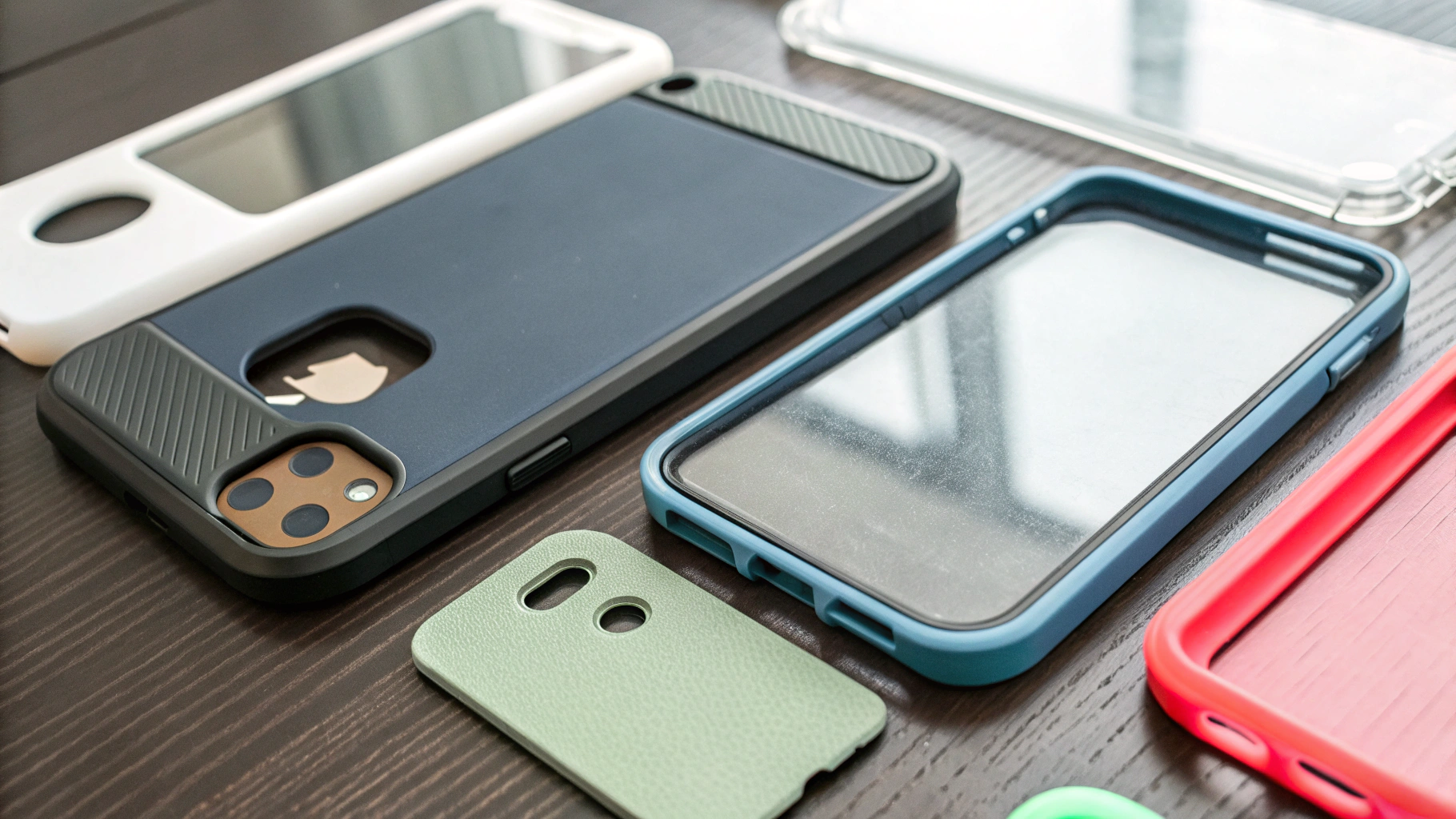 Разные защитные чехлы и стёкла для детского смартфона на столе крупным планом