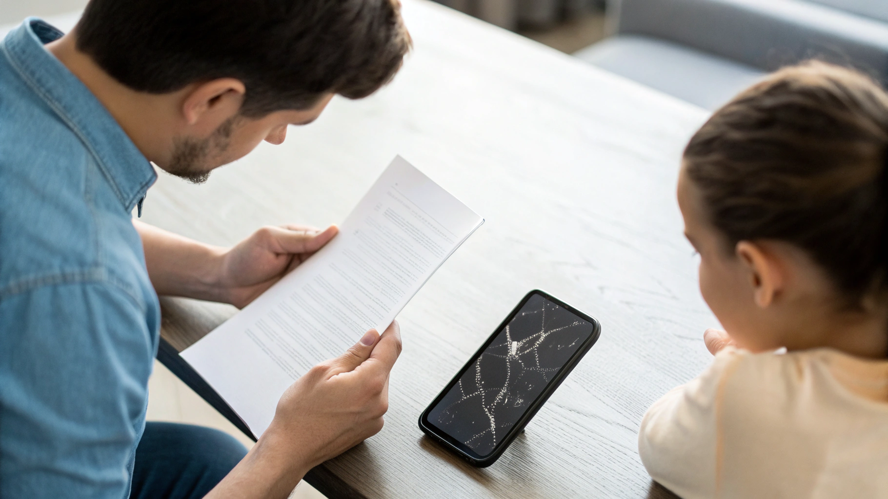 Родитель и ребёнок рассматривают документы по страховке рядом с треснувшим смартфоном