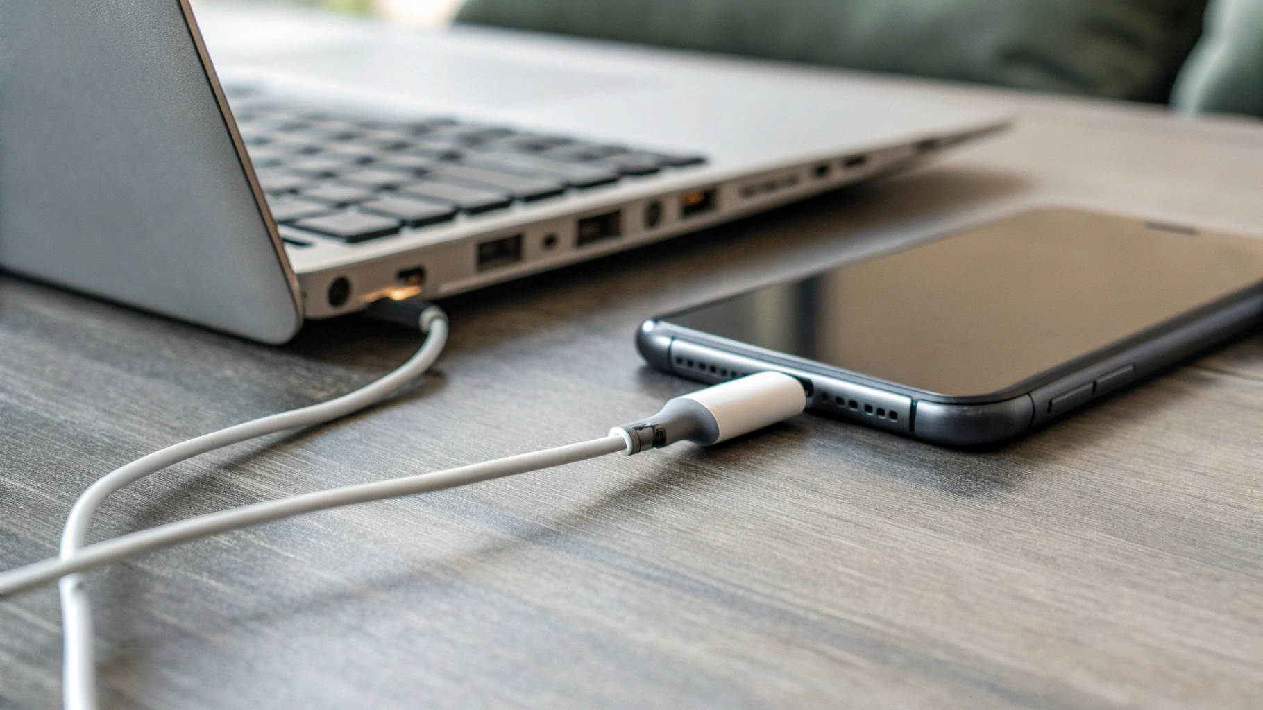 USB‑C кабель, одновременно подключённый к ноутбуку и смартфону, на столе