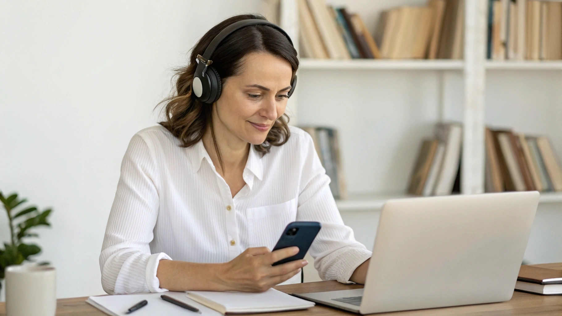 Пользователь в наушниках участвует в онлайн-встрече со смартфона за рабочим столом