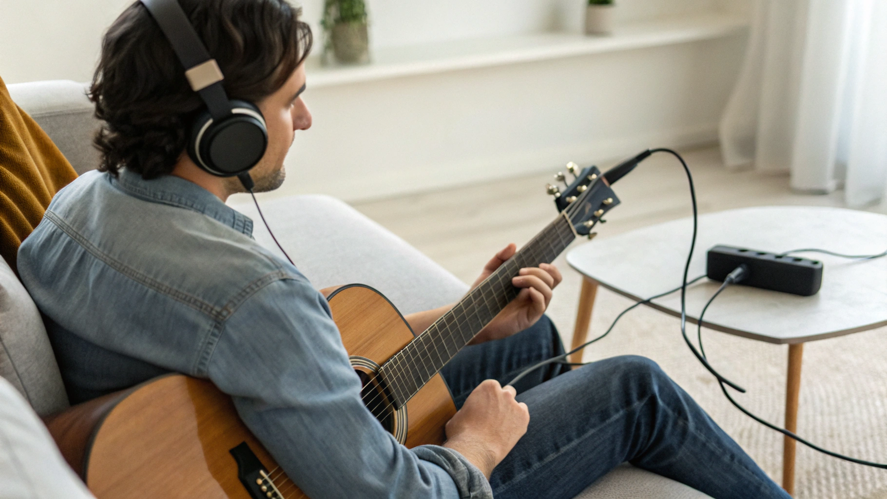 Домашний музыкант записывает гитару и вокал в смартфон через небольшой аудиоинтерфейс