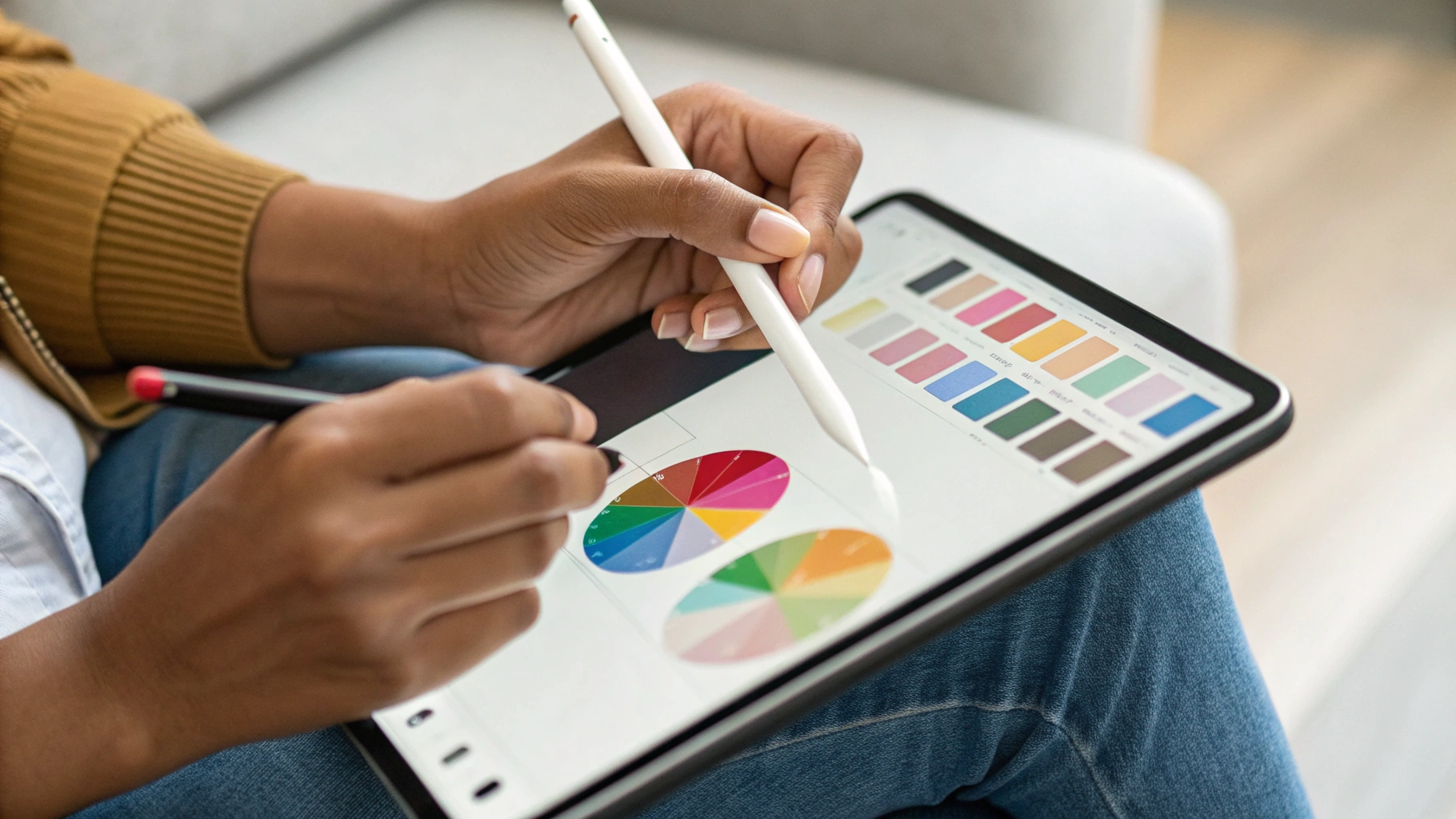 Рука художника рисует стилусом на планшете с открытым приложением для иллюстрации