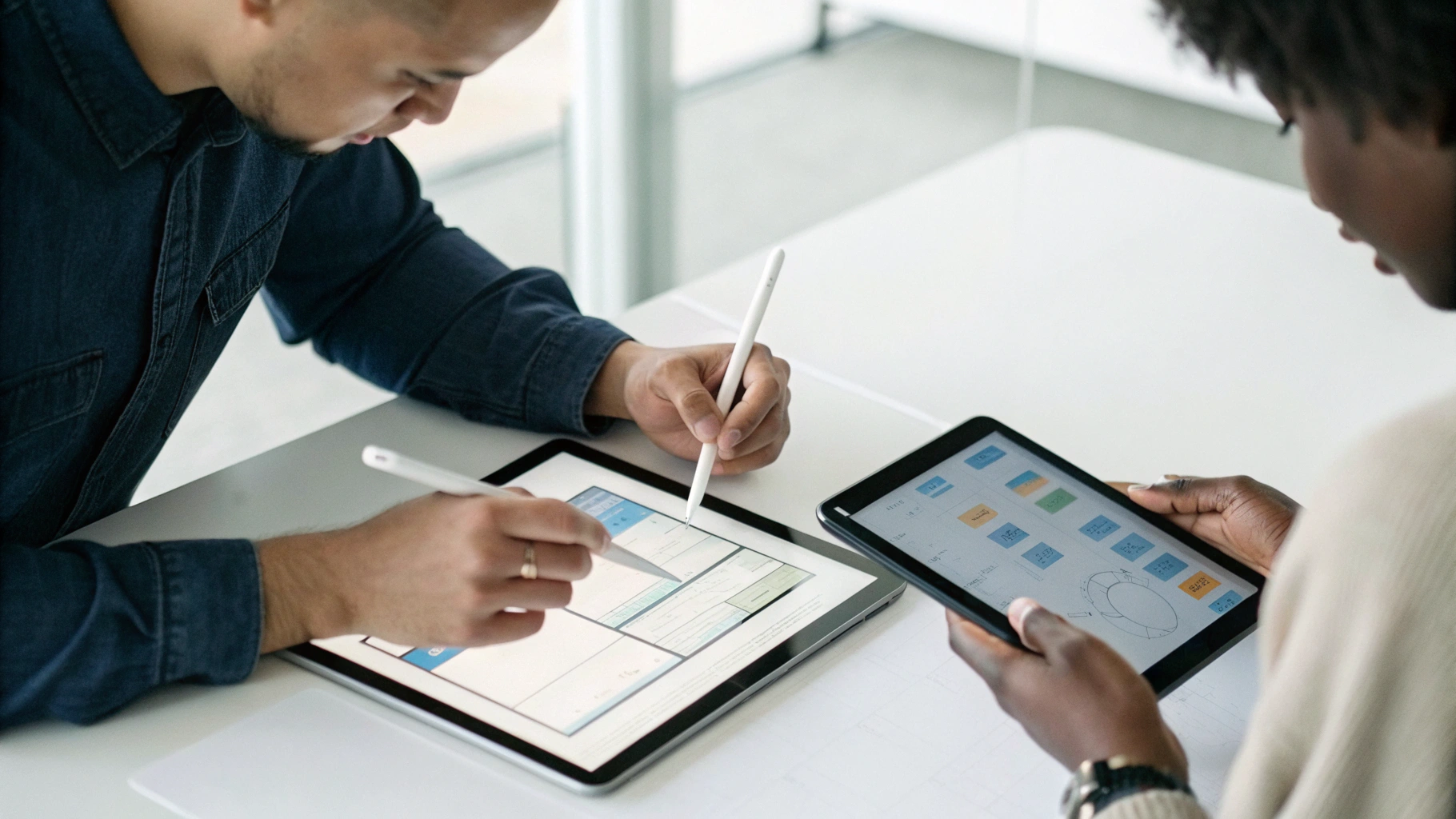Дизайнер сравнивает два планшета, делая штрихи стилусами на обоих экранах