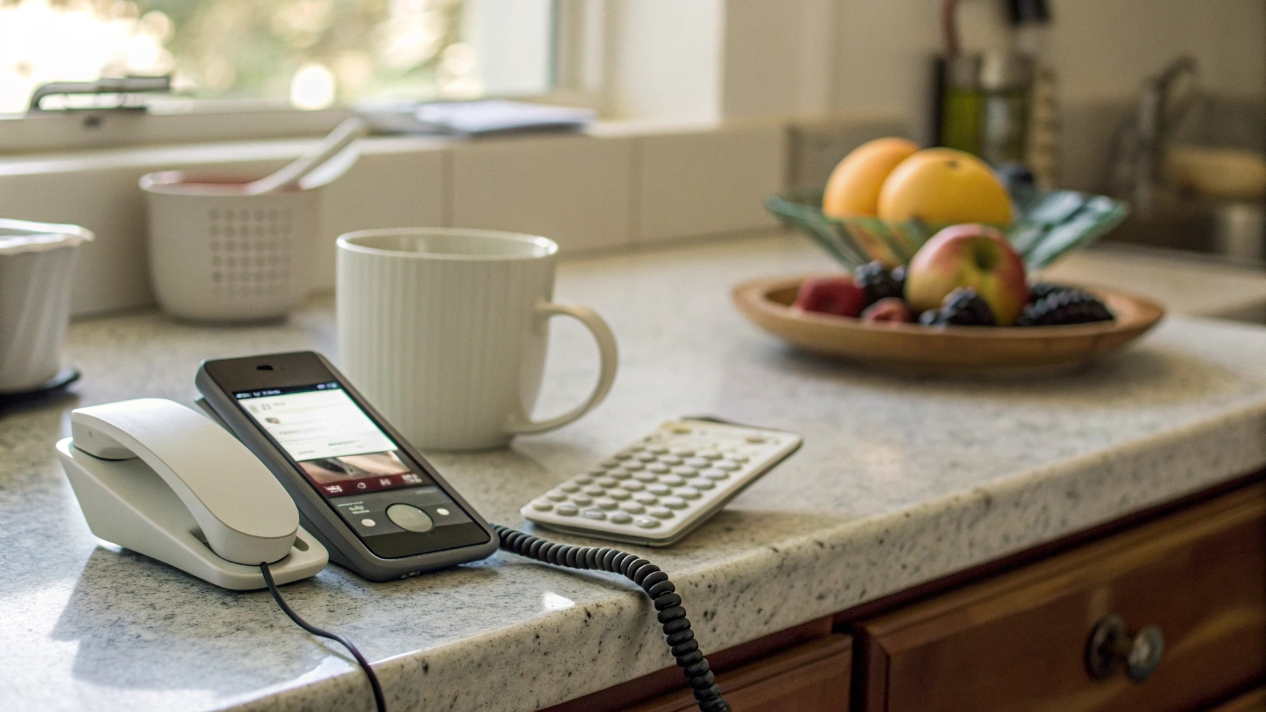 Старый смартфон на кухонной столешнице в роли кухонного радио с подключённой колонкой