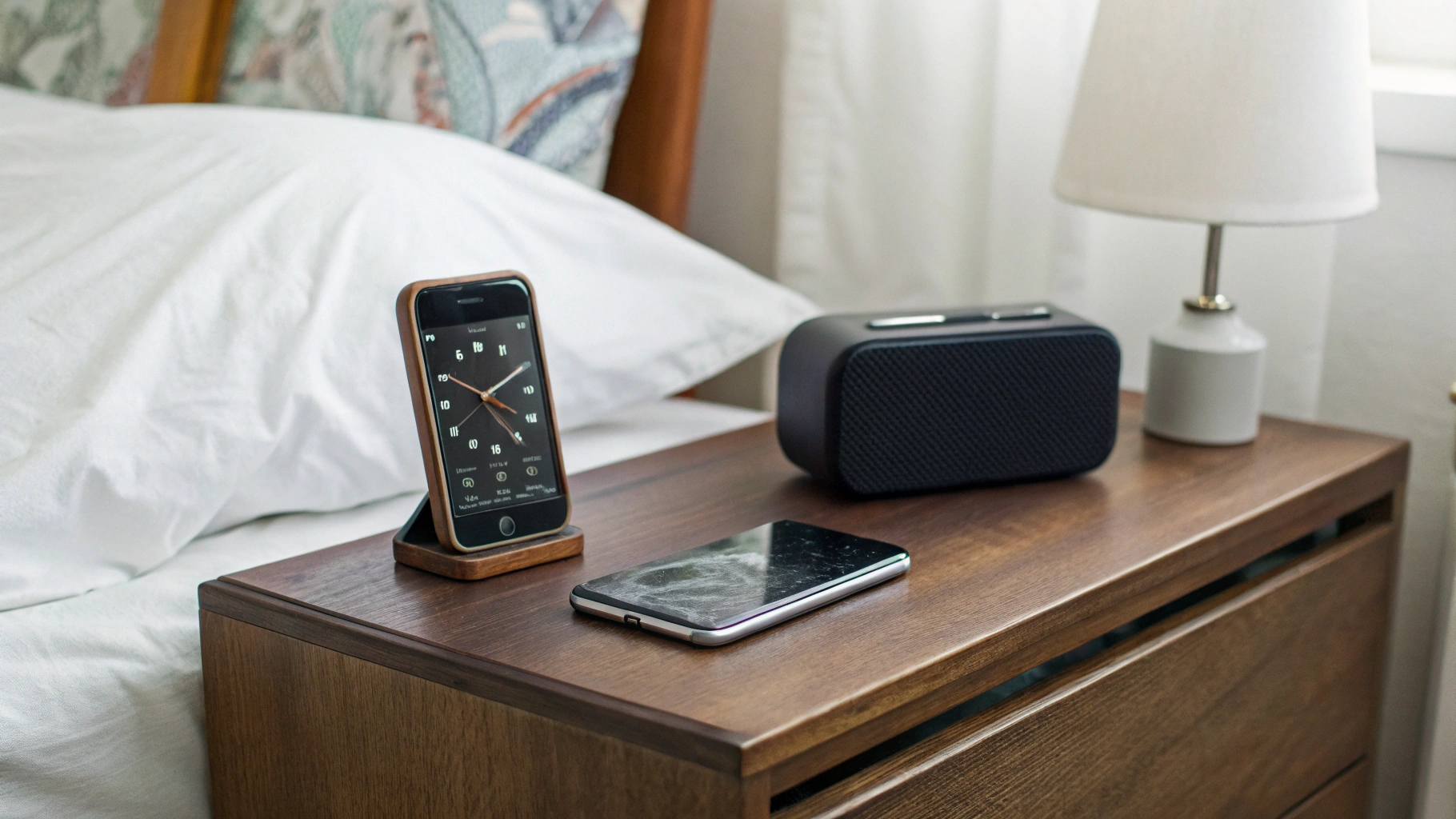 Старый смартфон на тумбочке в спальне, используемый как будильник и музыкальный центр