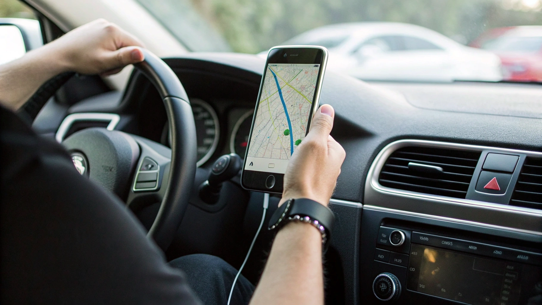 Смартфон на держателе в машине работает по Bluetooth с мультимедиа и смарт-часами