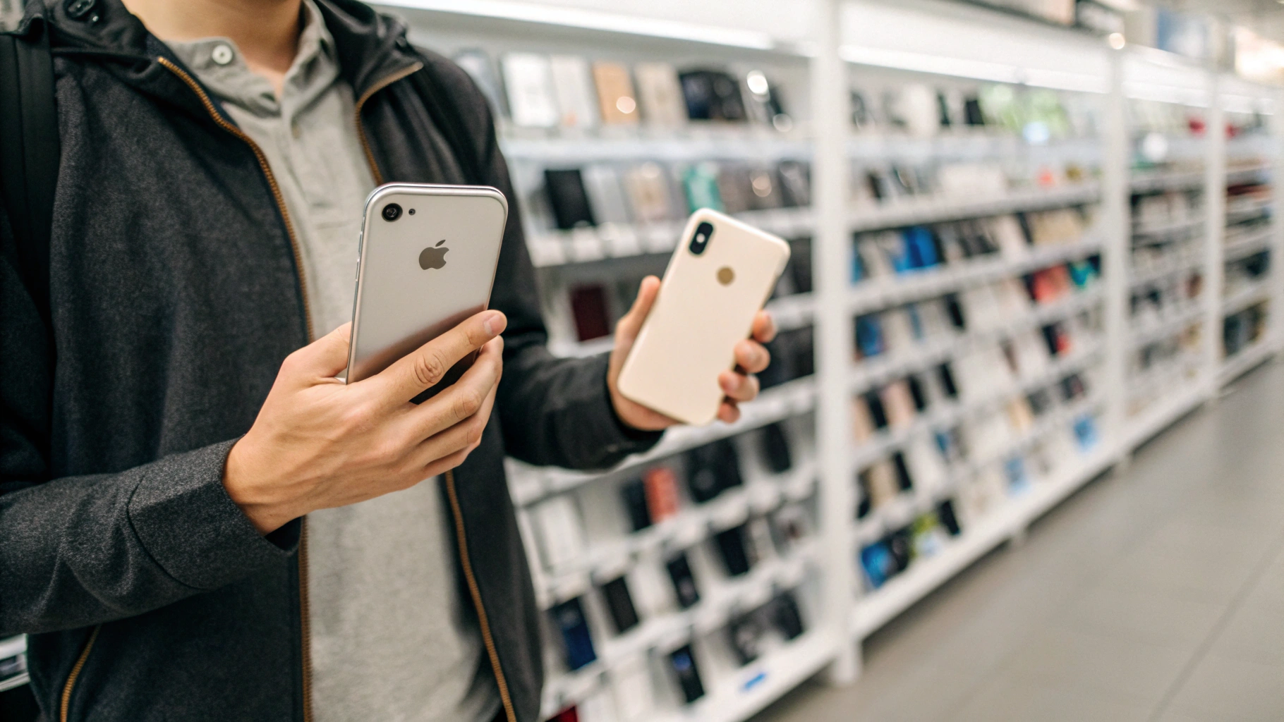 Покупатель выбирает между iPhone 19 и iPhone 18 в магазине электроники