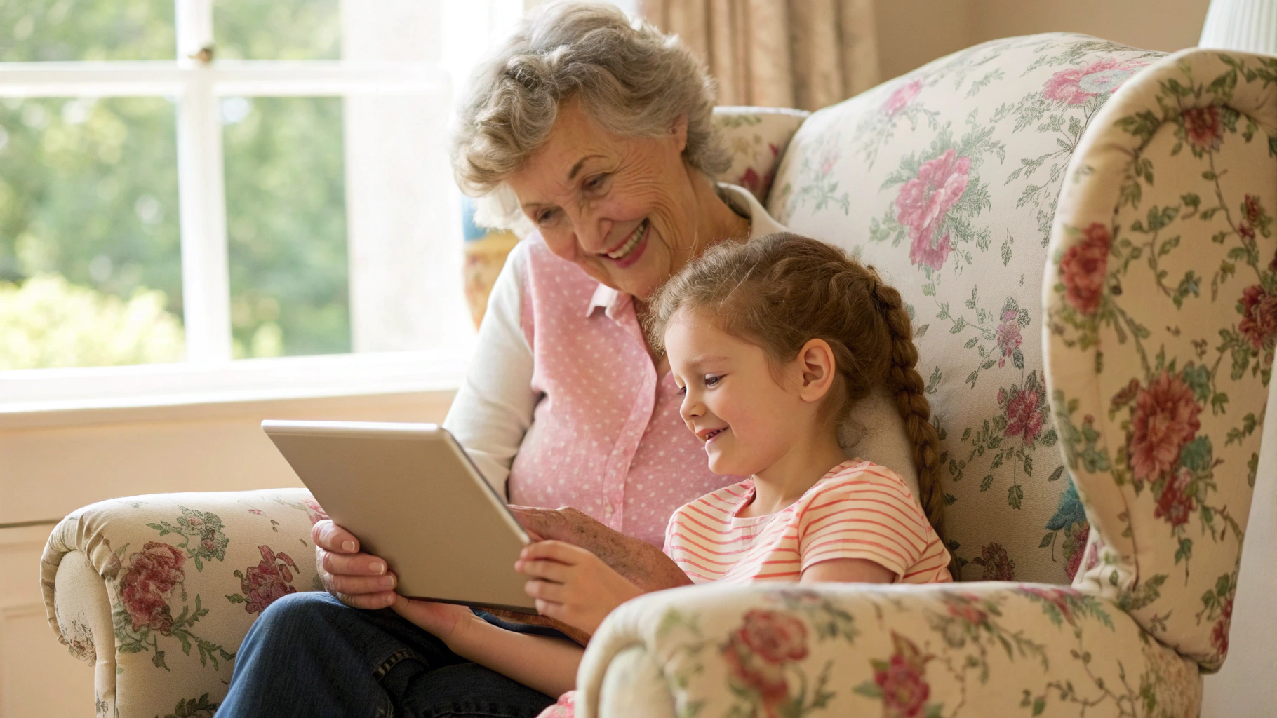 Бабушка с крупным шрифтом на экране iPad, рядом помогает внук