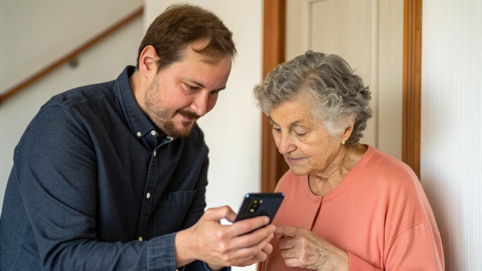 Взрослый ребёнок помогает родителю настроить отпечаток пальца и оплату по NFC на новом Android‑смартфоне