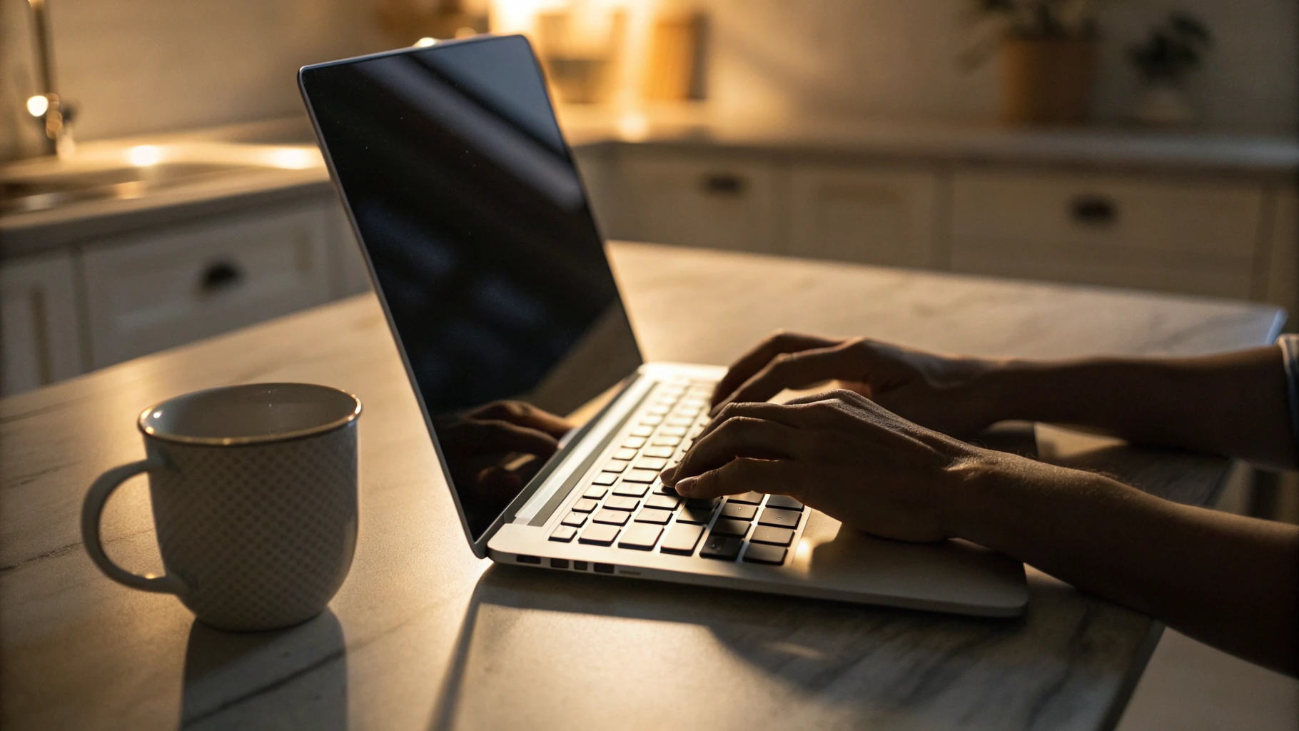 Ночной набор текста на клавиатуре MacBook на кухонном столе