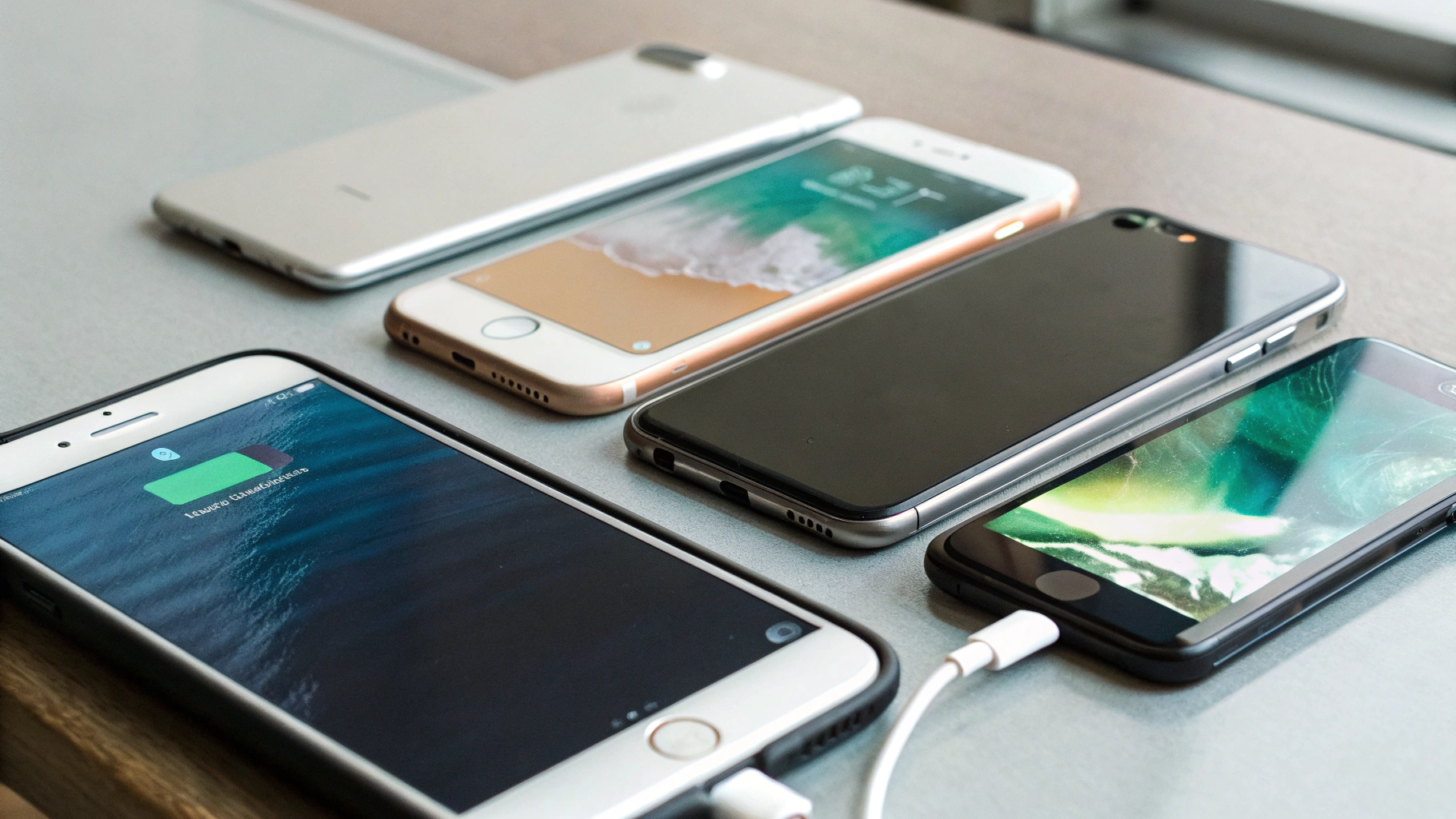 Несколько смартфонов на столе с разным уровнем заряда на экране