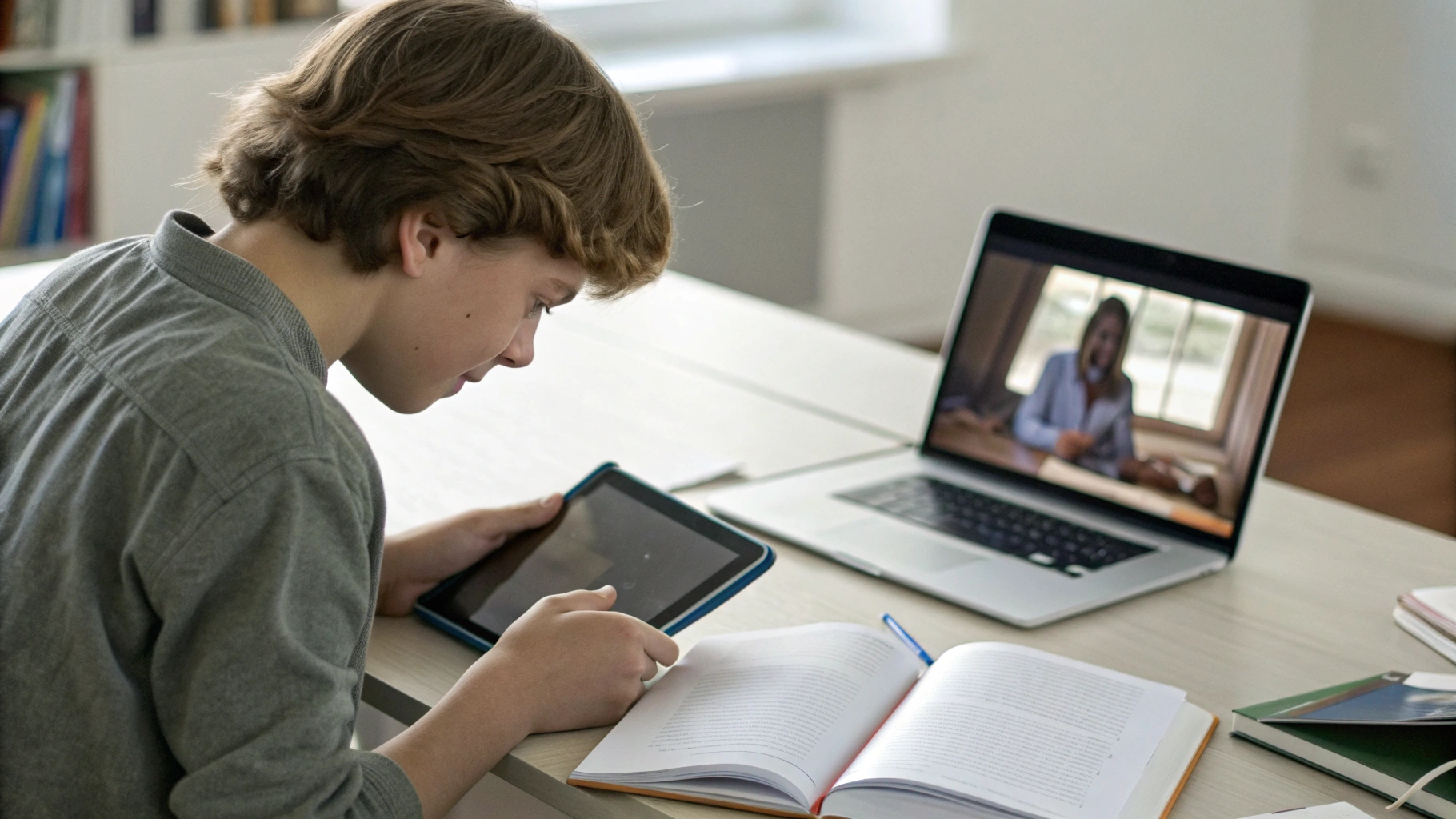 Студент работает за столом с iPad, учебниками в PDF и открытыми видеолекциями