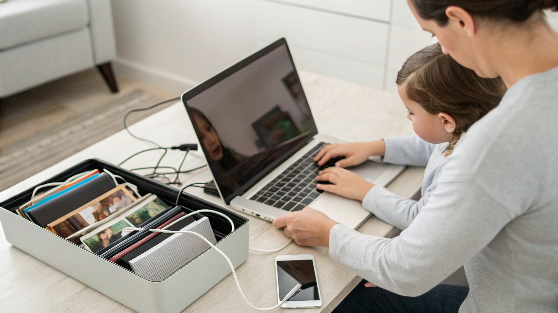Родитель на ноутбуке раскладывает детские видео по папкам, рядом лежит смартфон