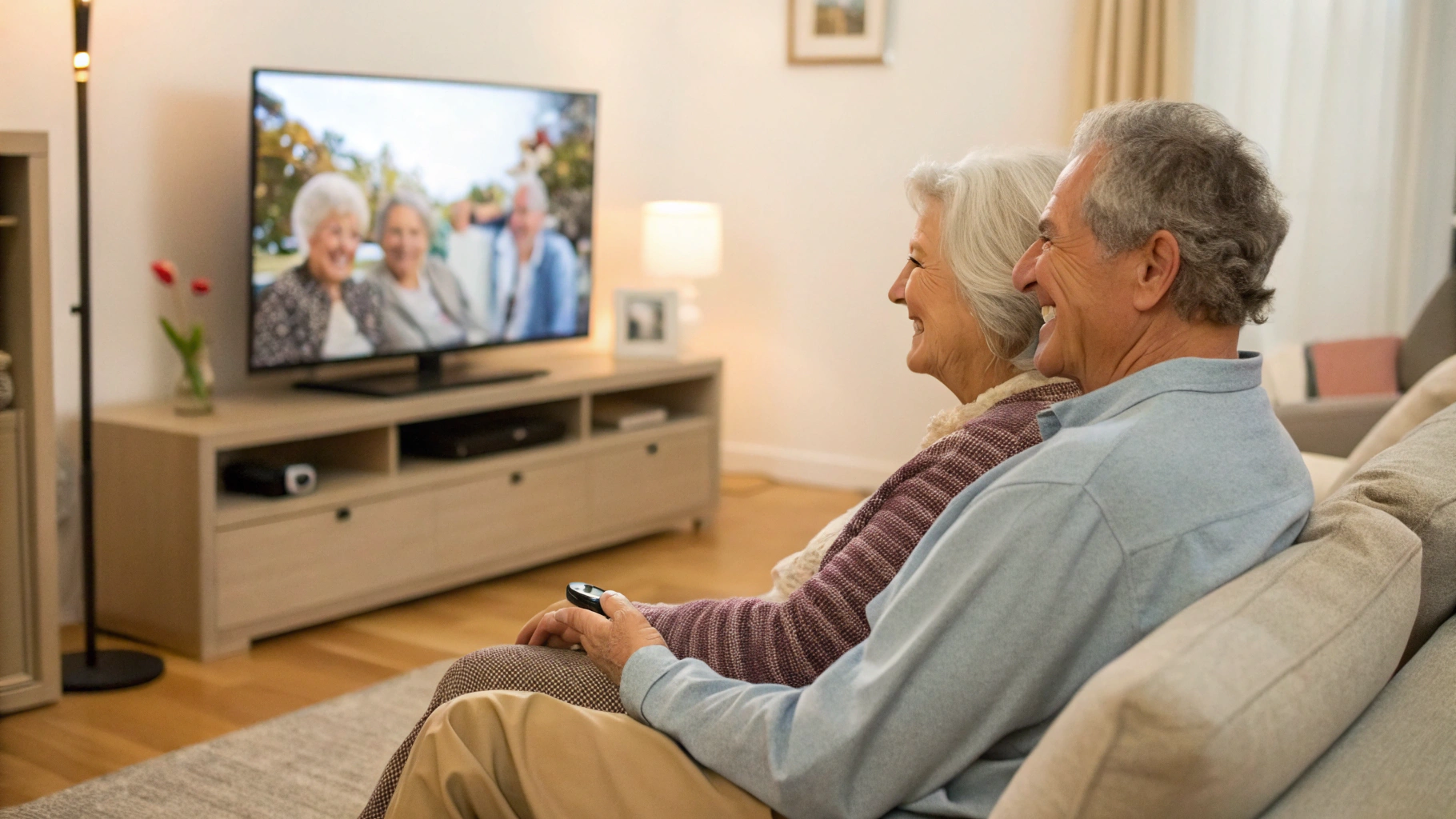 Бабушка и дедушка смотрят на телевизоре видео внуков с флешки