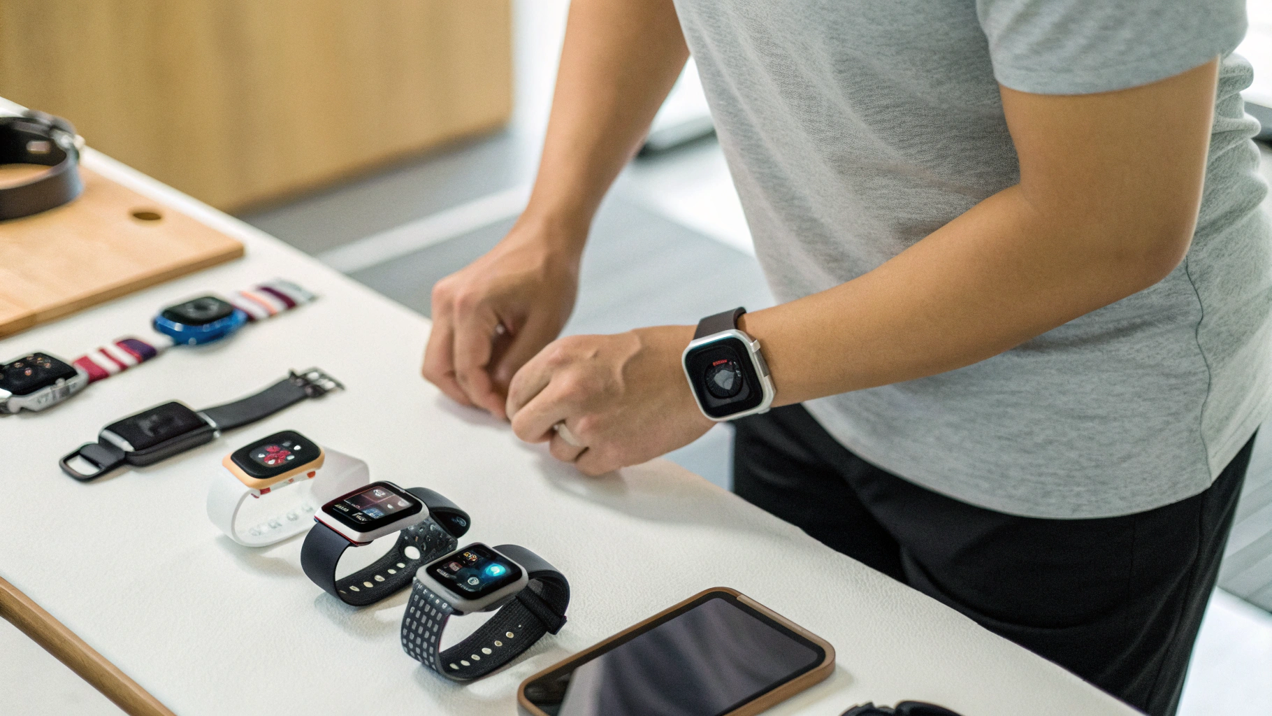 Человек выбирает между смарт‑часами и фитнес‑браслетами на столе, смотрит на уведомления и шаги