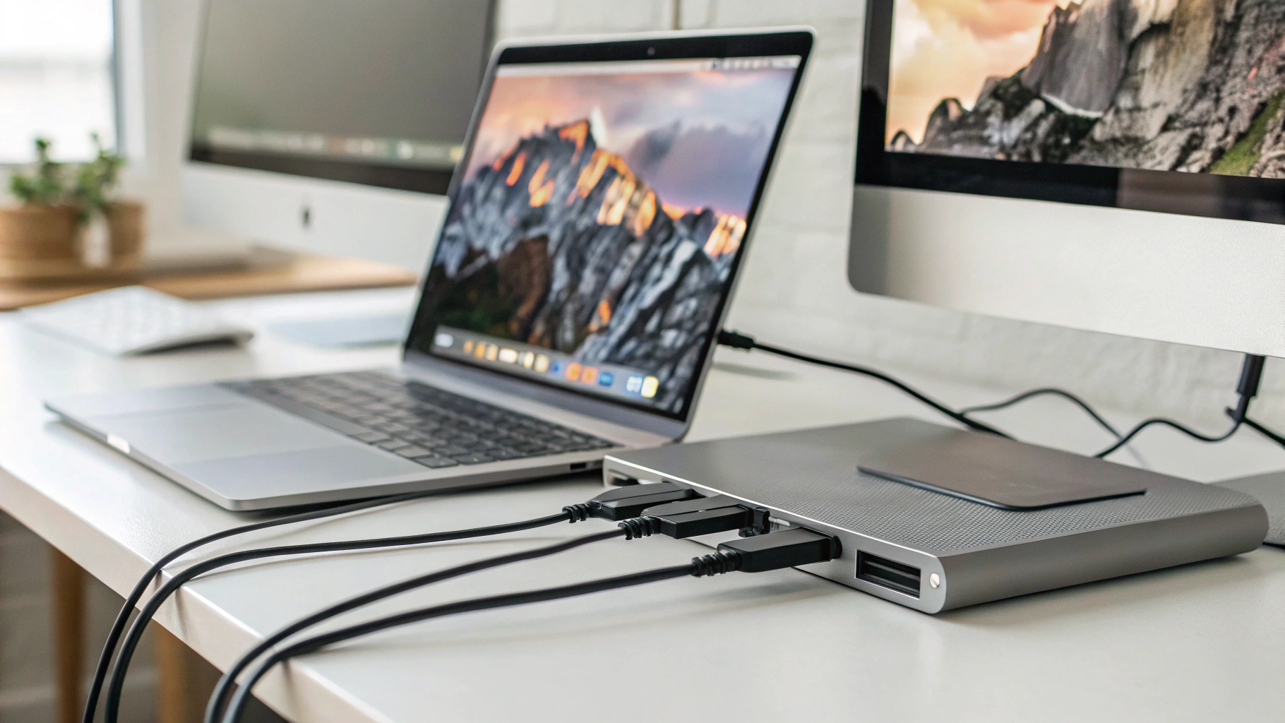 Ноутбук на столе, подключённый к нескольким мониторам через док‑станцию и кабели USB‑C