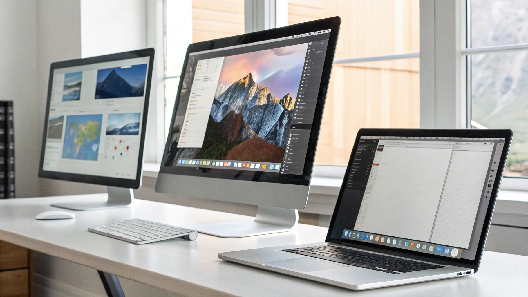 Три монитора на рабочем столе с открытыми офисными приложениями рядом с закрытым ноутбуком