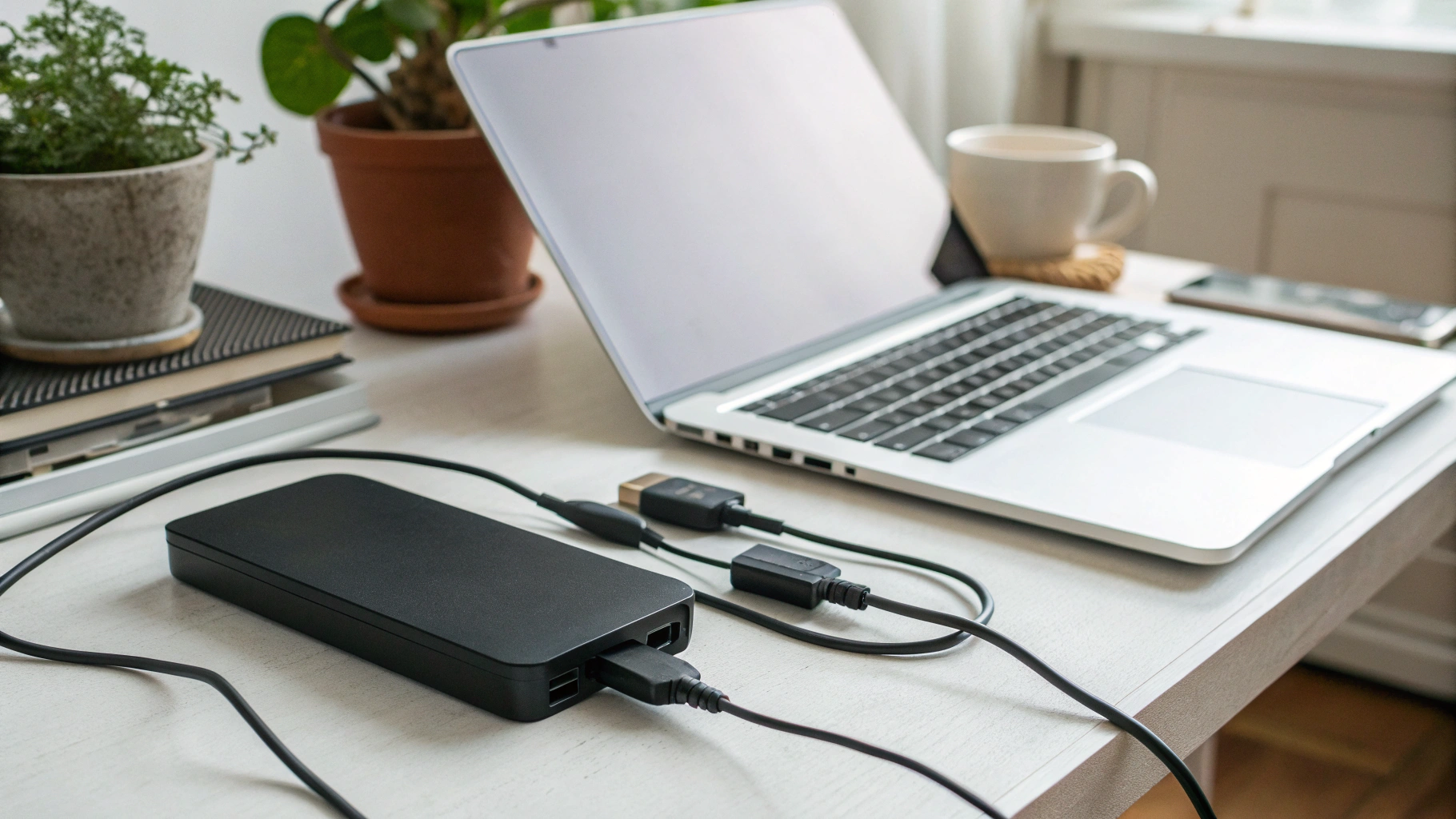 К ноутбуку на домашнем столе подключены внешний диск и USB‑хаб