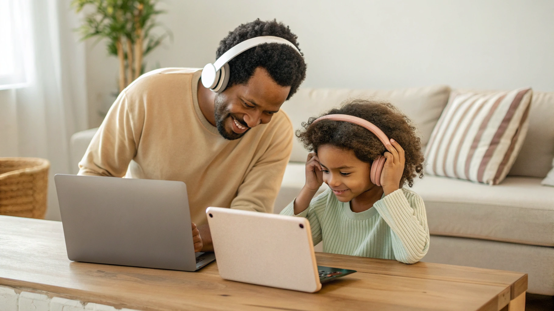 Родитель с ребёнком выбирают наушники для онлайн‑уроков