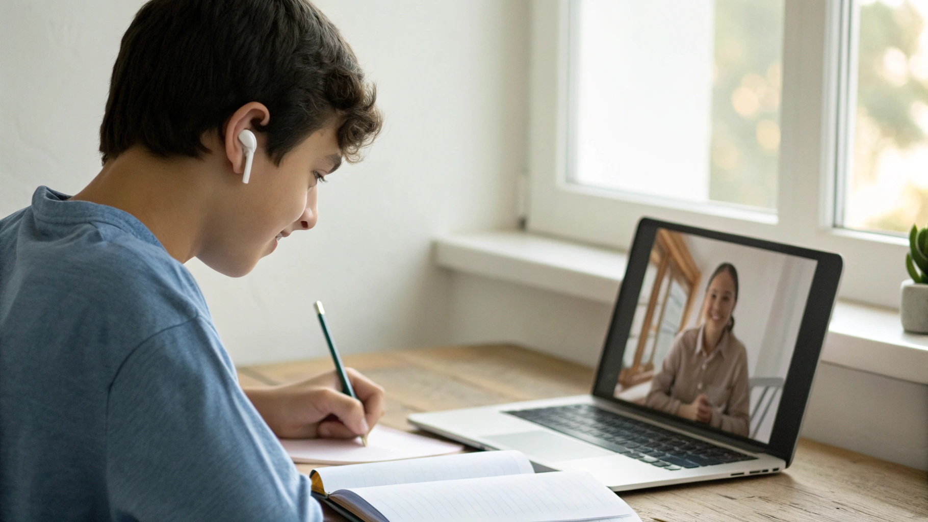 Подросток в беспроводных наушниках на онлайн‑занятии