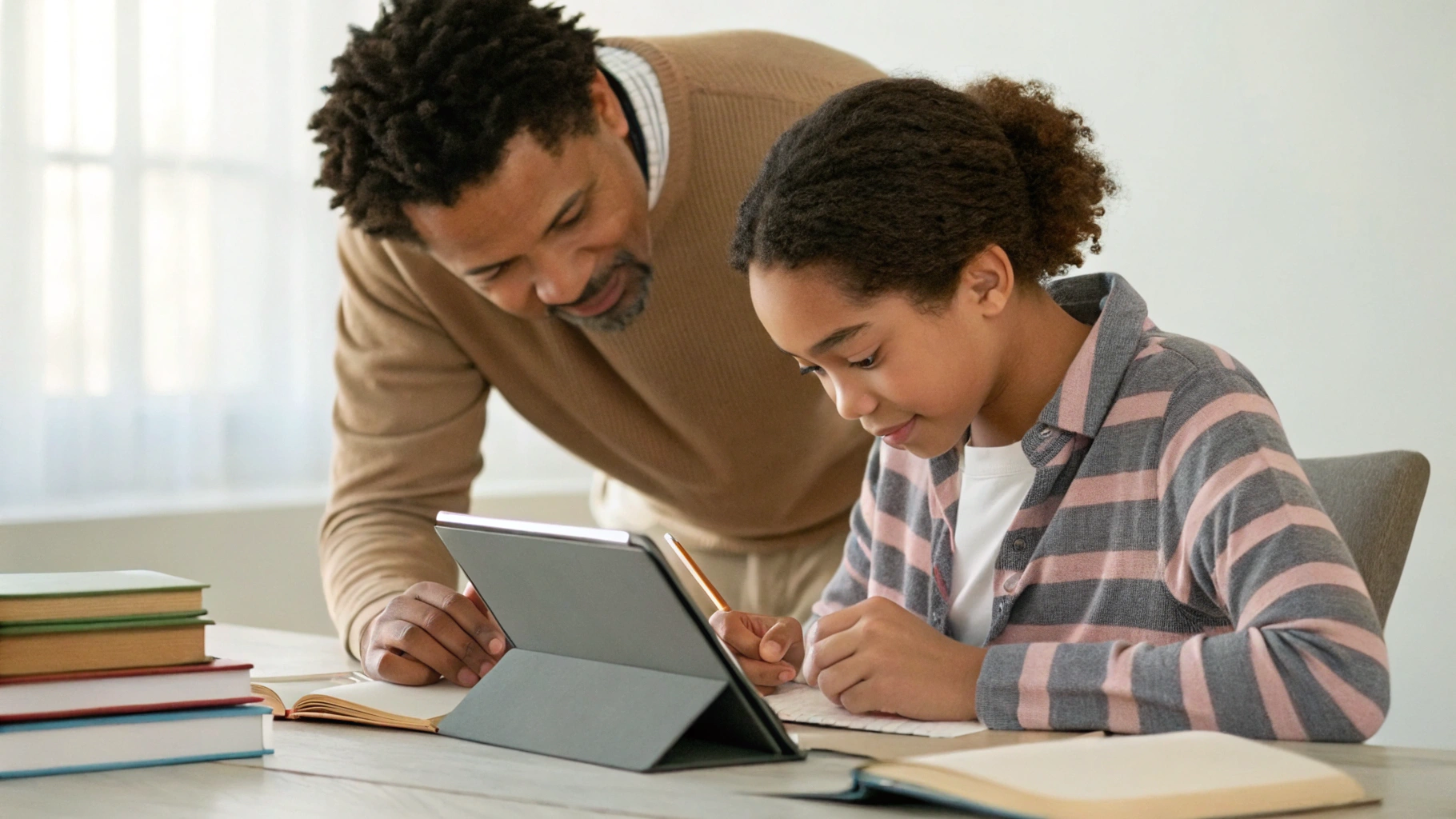 Родитель с подростком настраивают планшет для учебы и подготовки к экзаменам