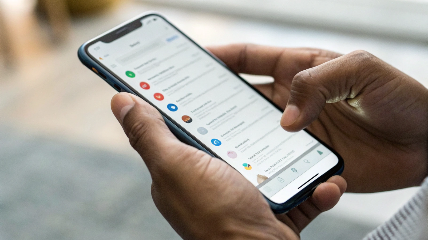 Родитель держит в руках смартфон с большим экраном и открытым школьным чатом