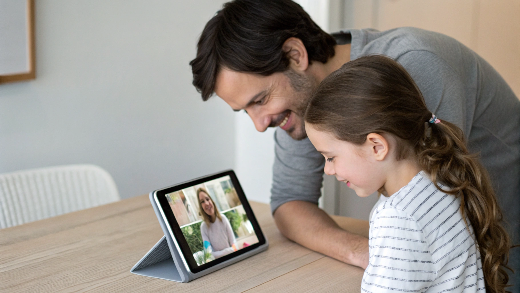 Родитель и ребёнок вместе смотрят электронный дневник на экране планшета