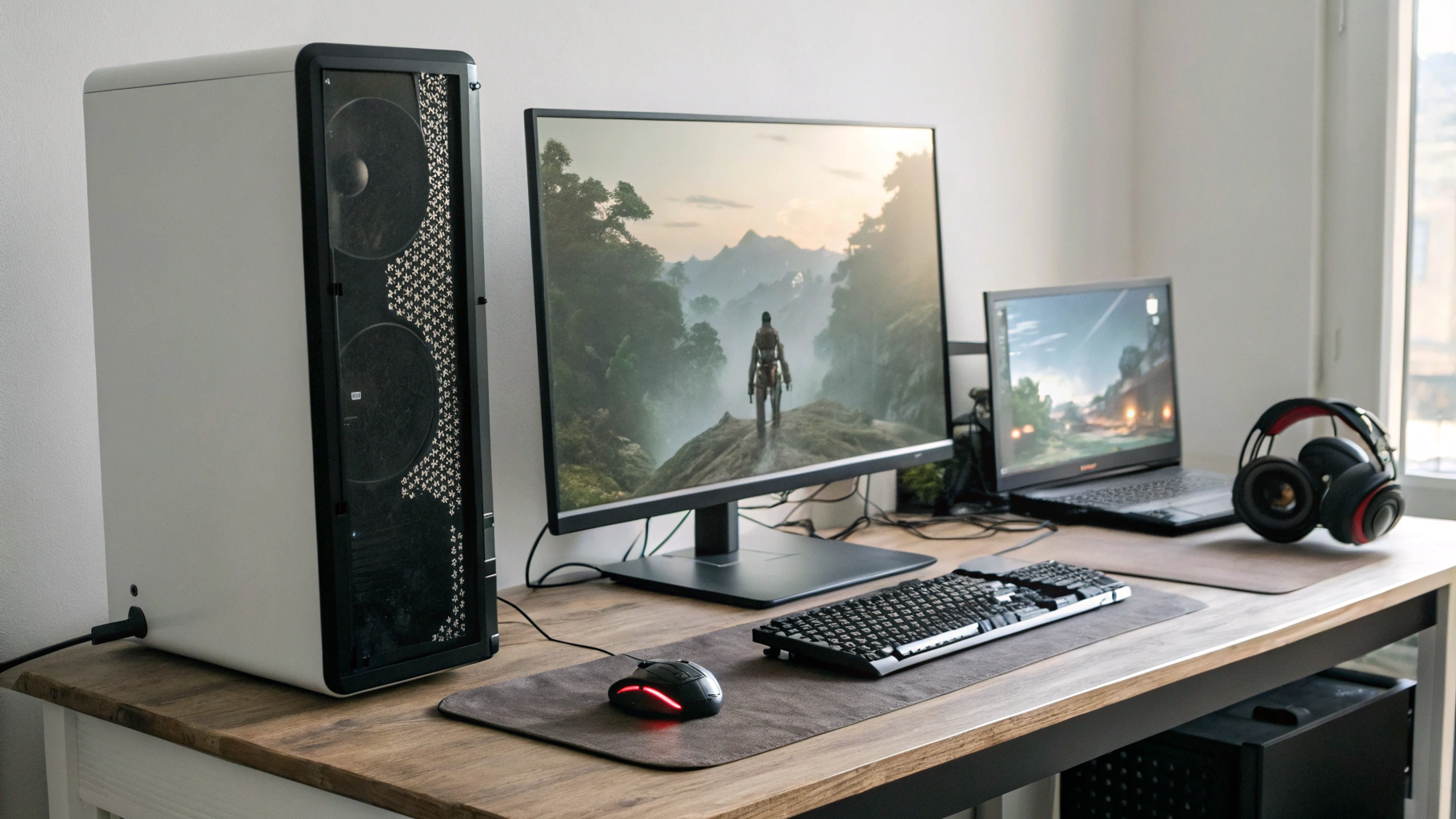 Рабочее место с игровым ПК и отдельным ноутбуком для учёбы