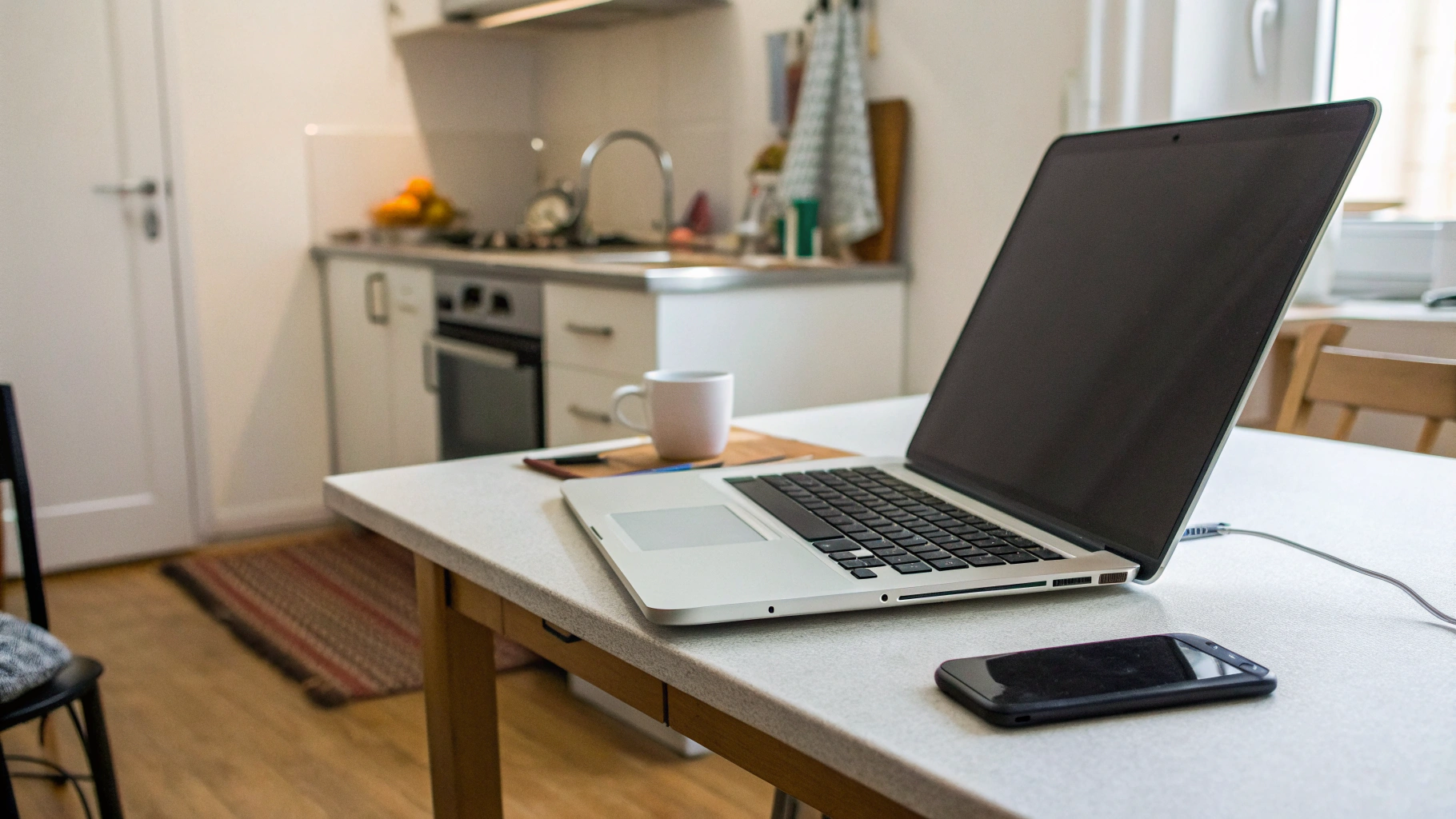 Ноутбук и iPhone на узком кухонном столе в небольшой квартире