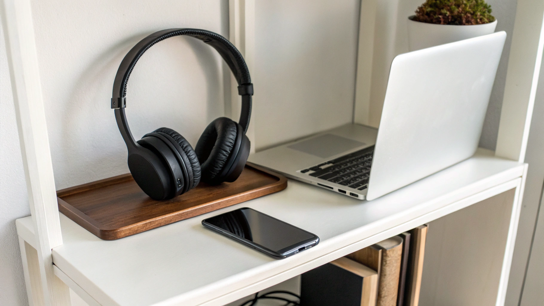 Ноутбук, смартфон и беспроводные наушники аккуратно размещены на маленькой полке