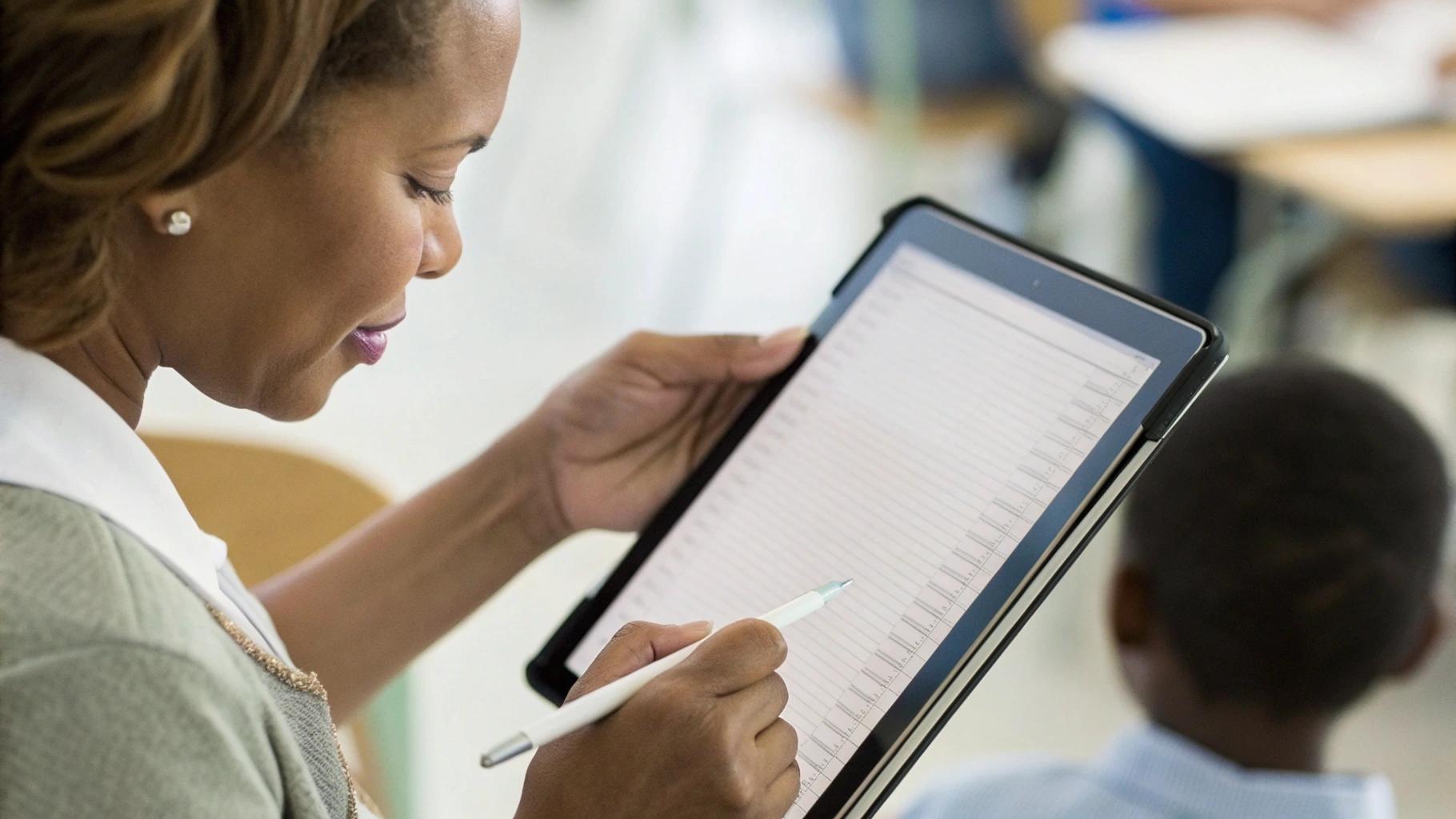 Учитель делает пометки стилусом на планшете поверх фото тетради ученика