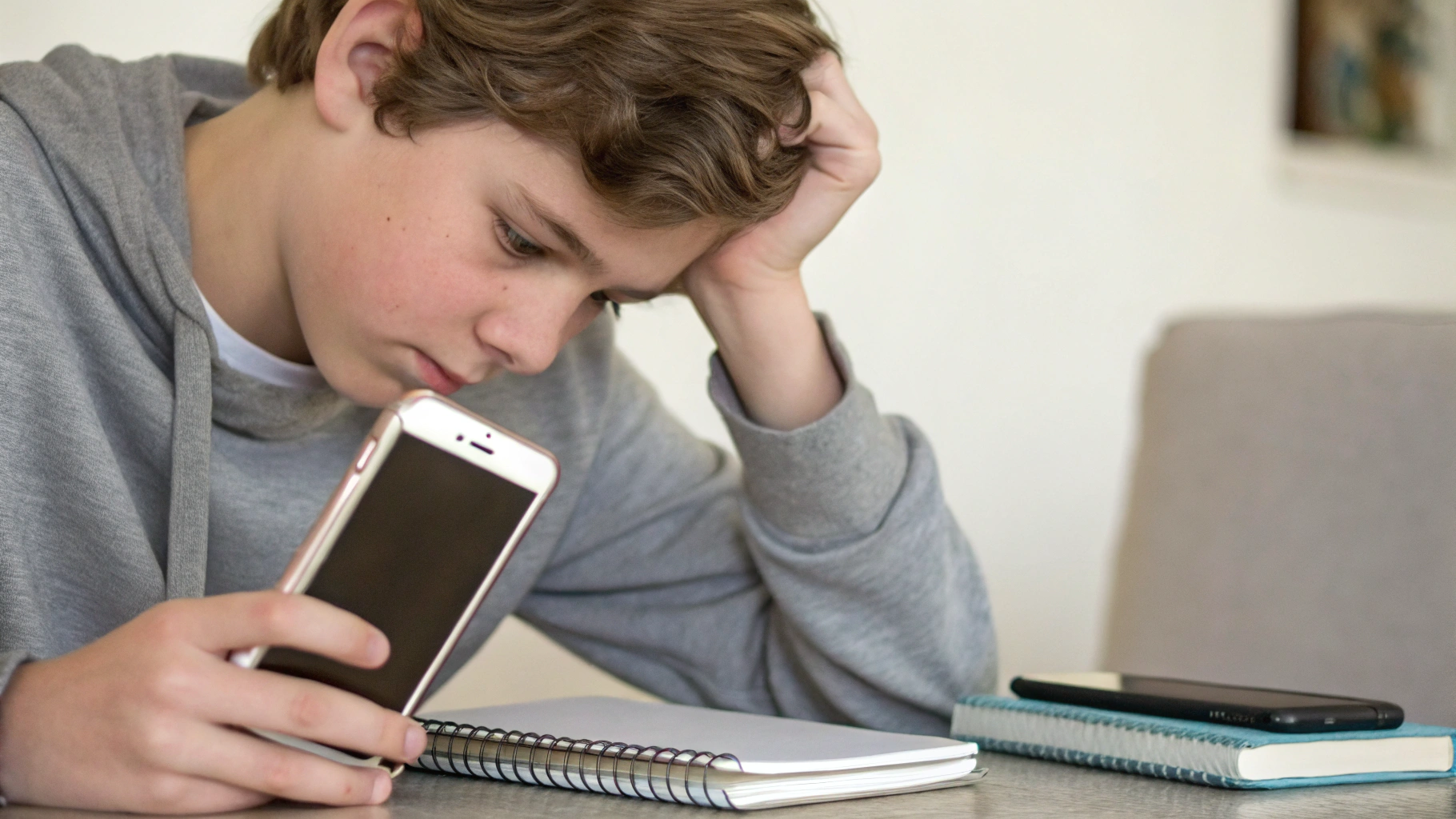 Подросток сравнивает б/у iPhone и новый бюджетный смартфон перед школой