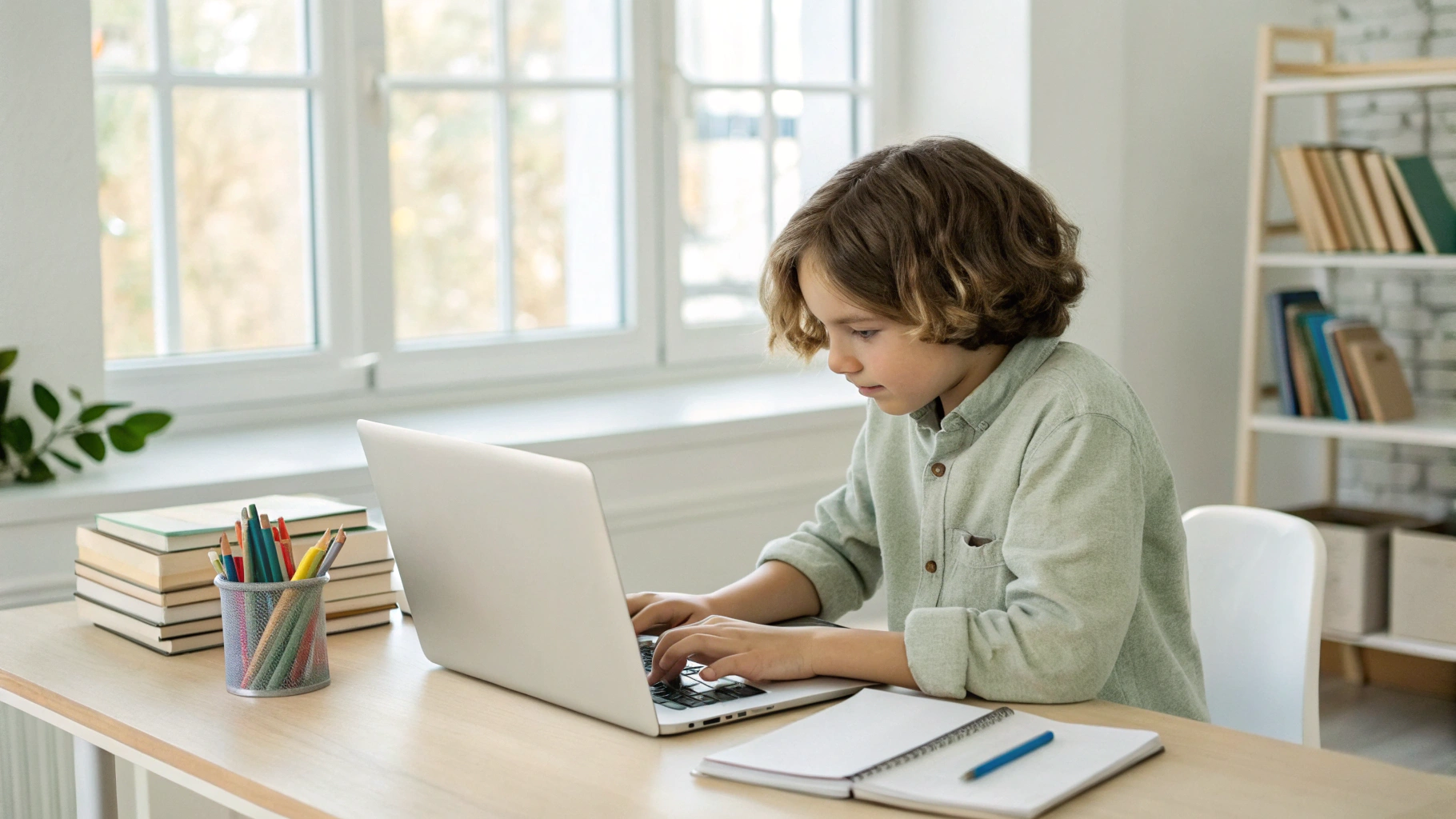 Ребёнок‑левша работает за Mac с настроенным трекпадом и клавиатурой