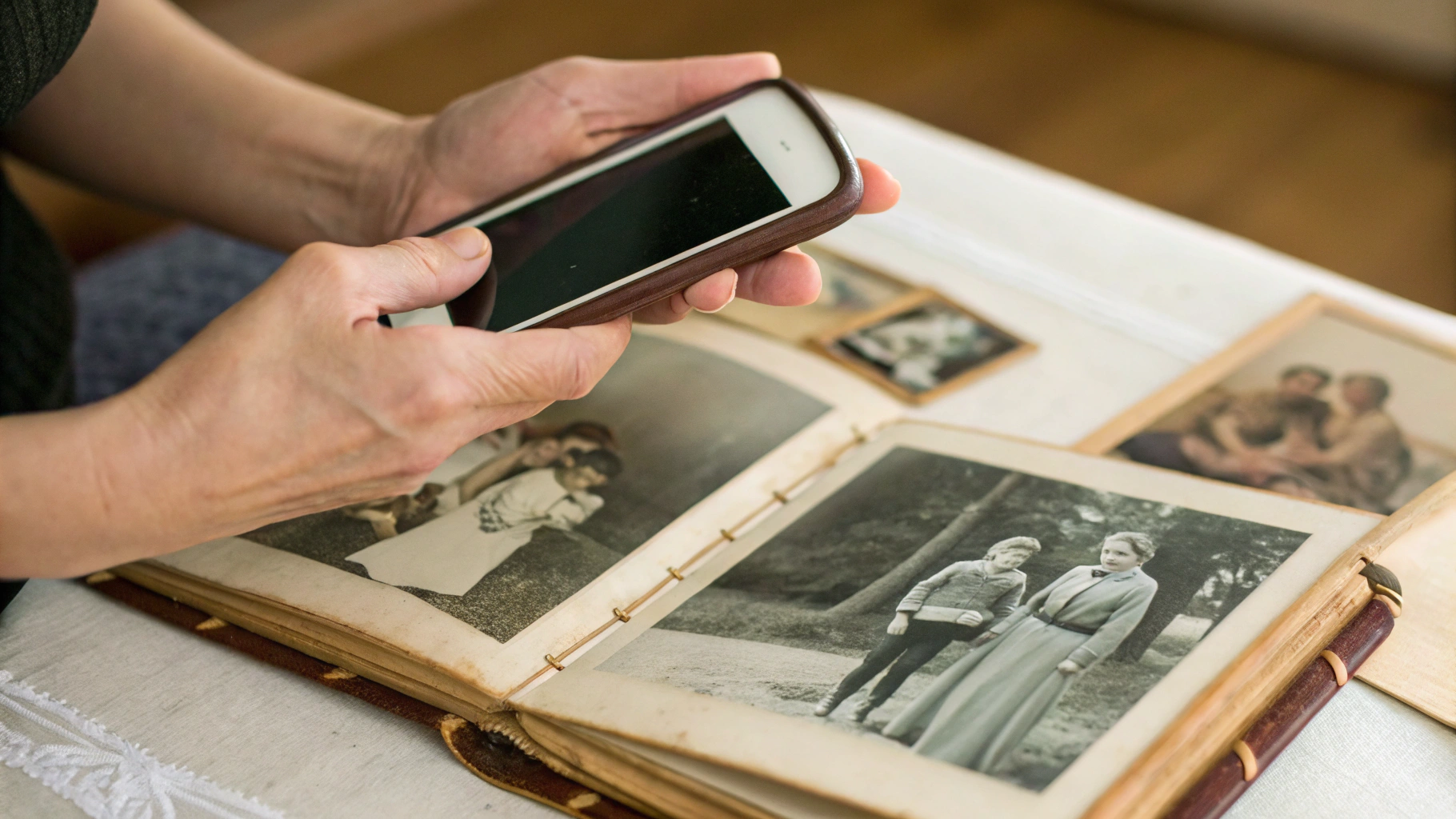 Руки держат Android‑смартфон над старым фотоальбомом и сканируют семейные фотографии