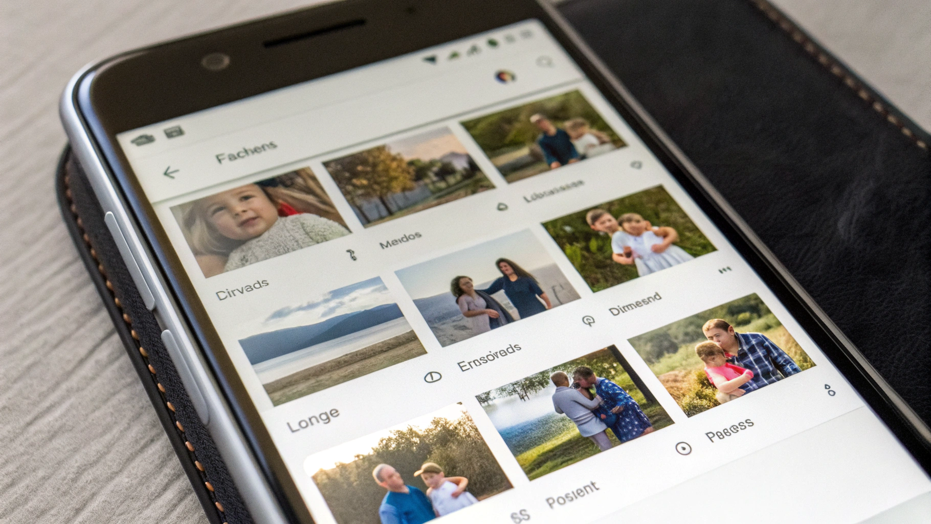 Галерея на Android‑смартфоне с папками отсканированных семейных фотографий, отсортированных по годам и событиям