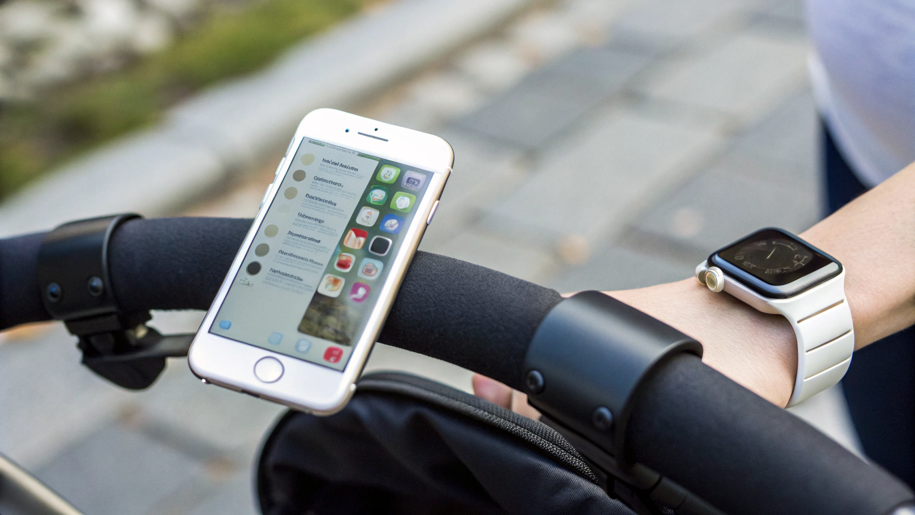 iPhone и Apple Watch на ручке коляски показывают активность и уведомления