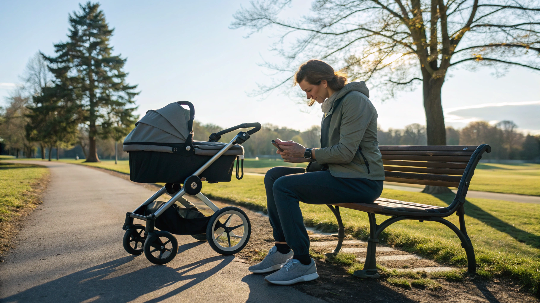 Родитель на скамейке в парке рядом с коляской смотрит напоминания на Apple Watch