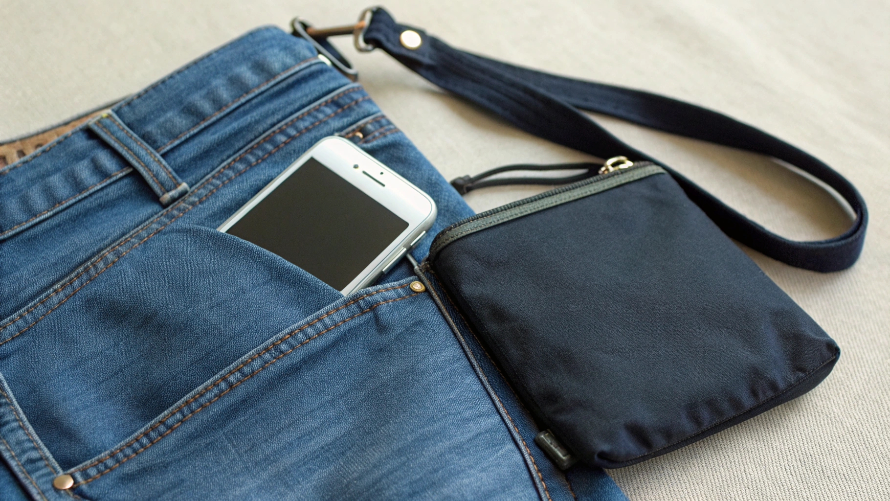 Компактный смартфон в кармане джинсов и рядом с маленькой сумкой для демонстрации удобства ношения