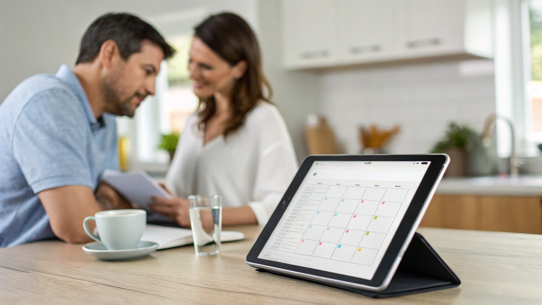 Планшет на столе с общим списком покупок и календарём для пары