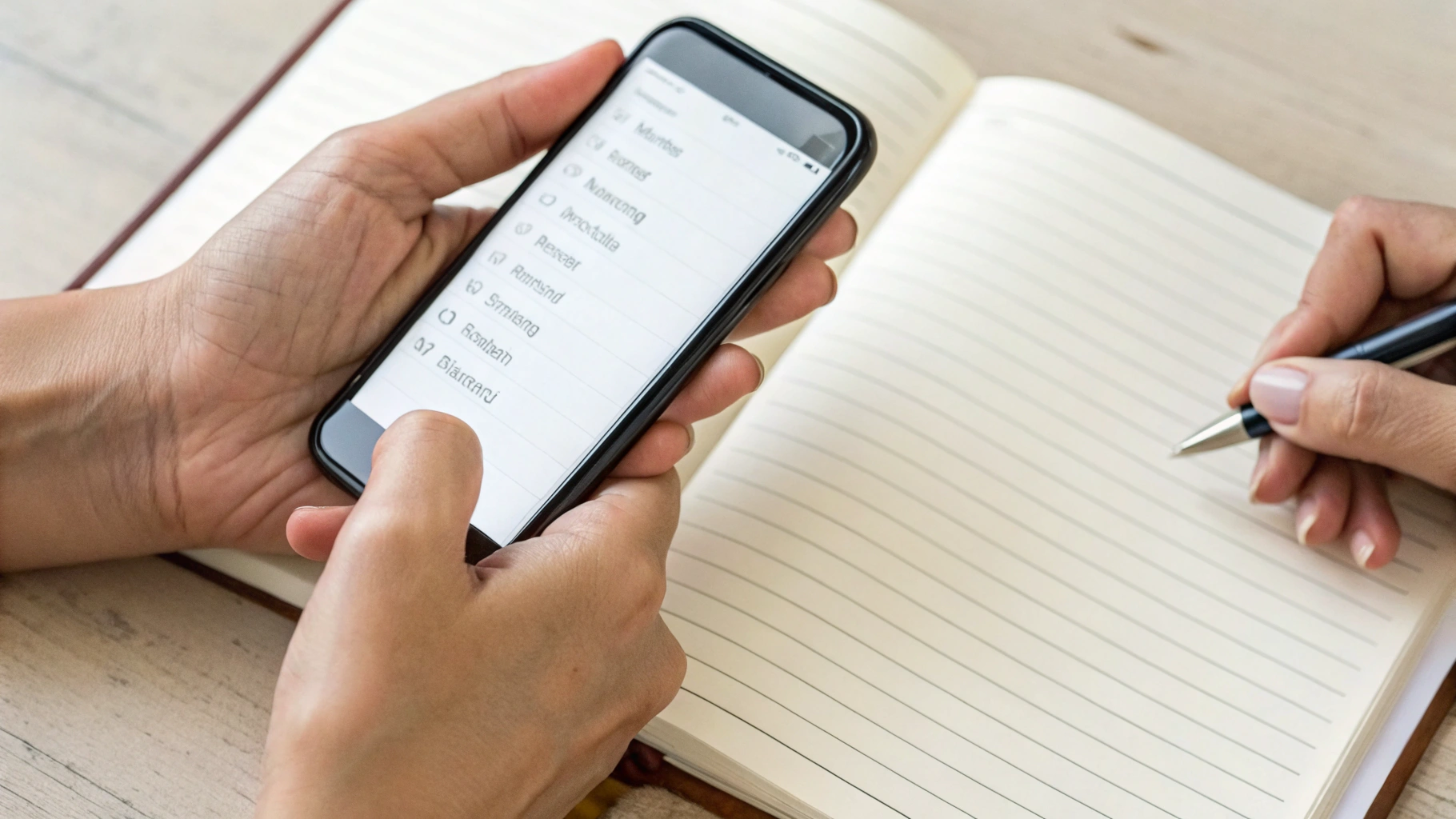 Смартфон с общим семейным списком покупок рядом с бумажным блокнотом
