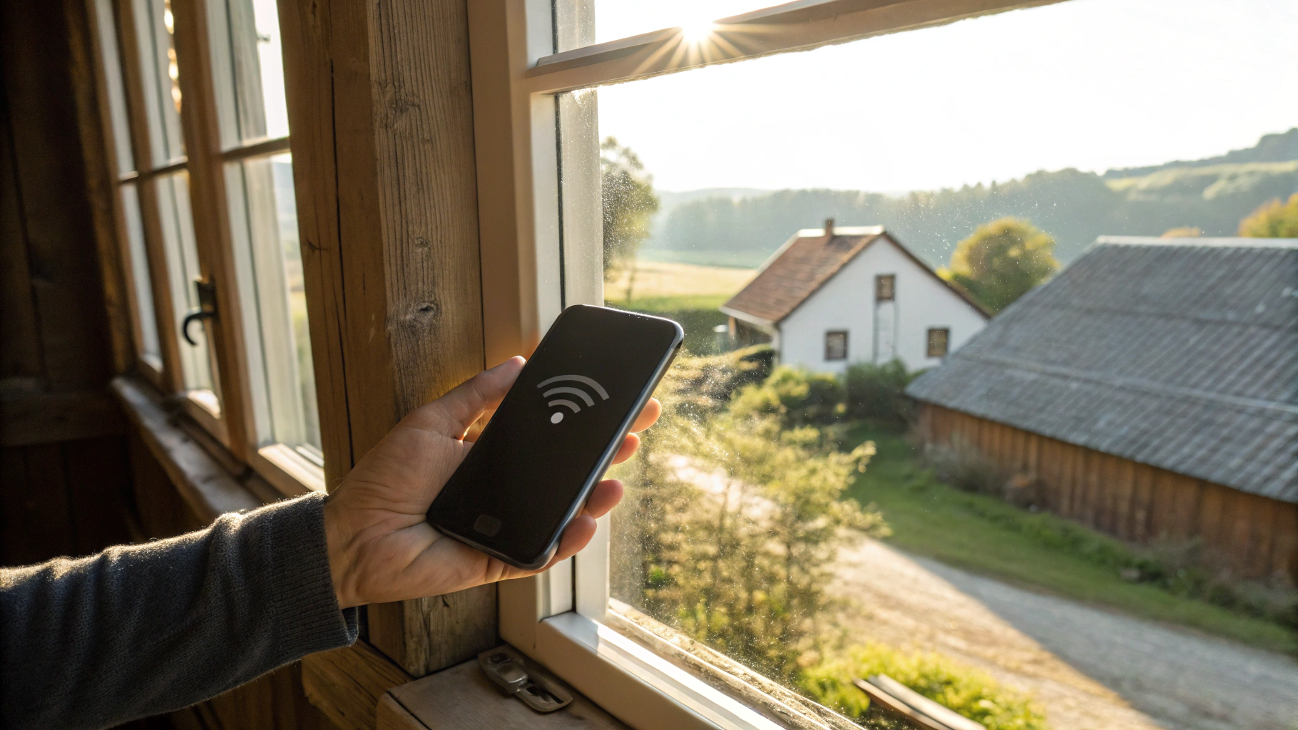 Смартфон в тонком чехле у окна загородного дома с хорошим приёмом сети