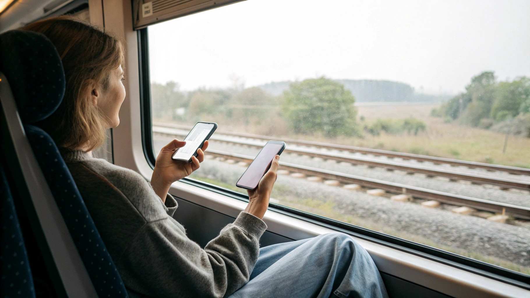 Пользователь разговаривает по смартфону с активными Wi‑Fi‑звонками в поезде у окна