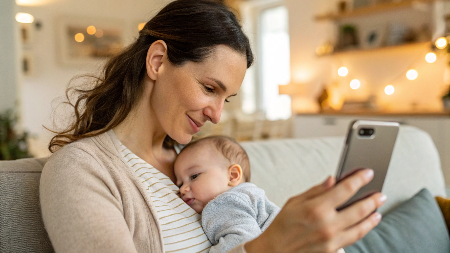 Мама с младенцем дома делает фото ребёнка на смартфон