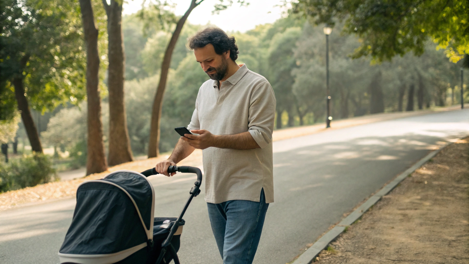 Папа ведёт коляску и одной рукой пользуется смартфоном на улице
