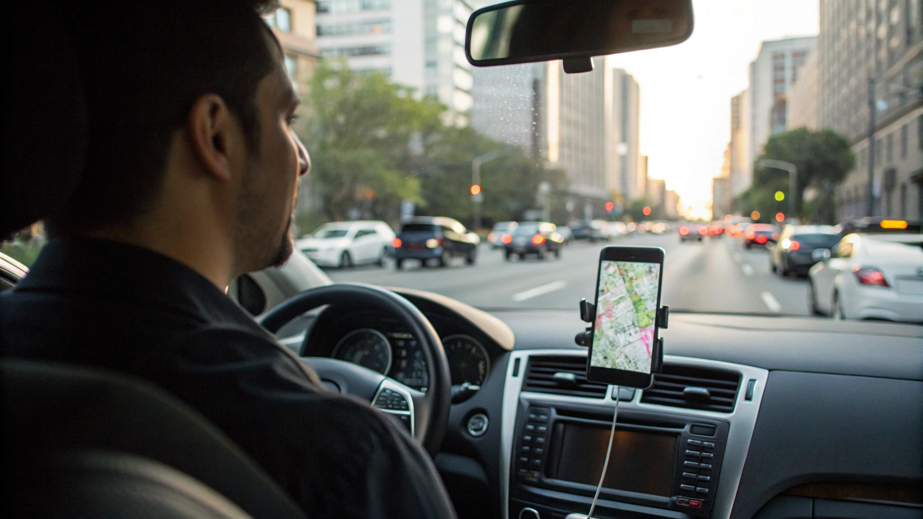 Смартфон с навигатором в автомобиле в городском трафике