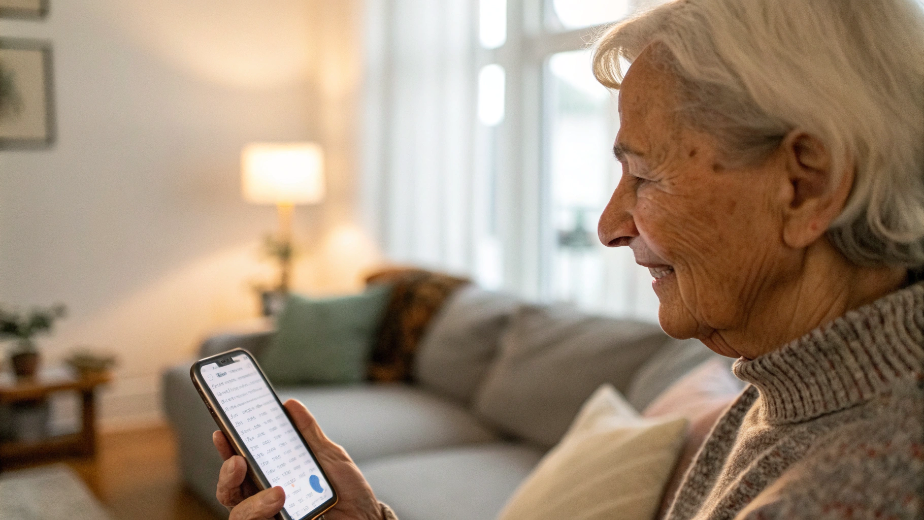 Пожилой человек с недорогим смартфоном и крупным шрифтом мессенджера