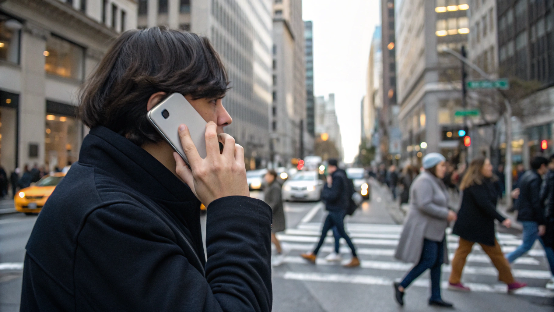 Разговор по смартфону в шумной городской обстановке, проверка качества голосовой связи