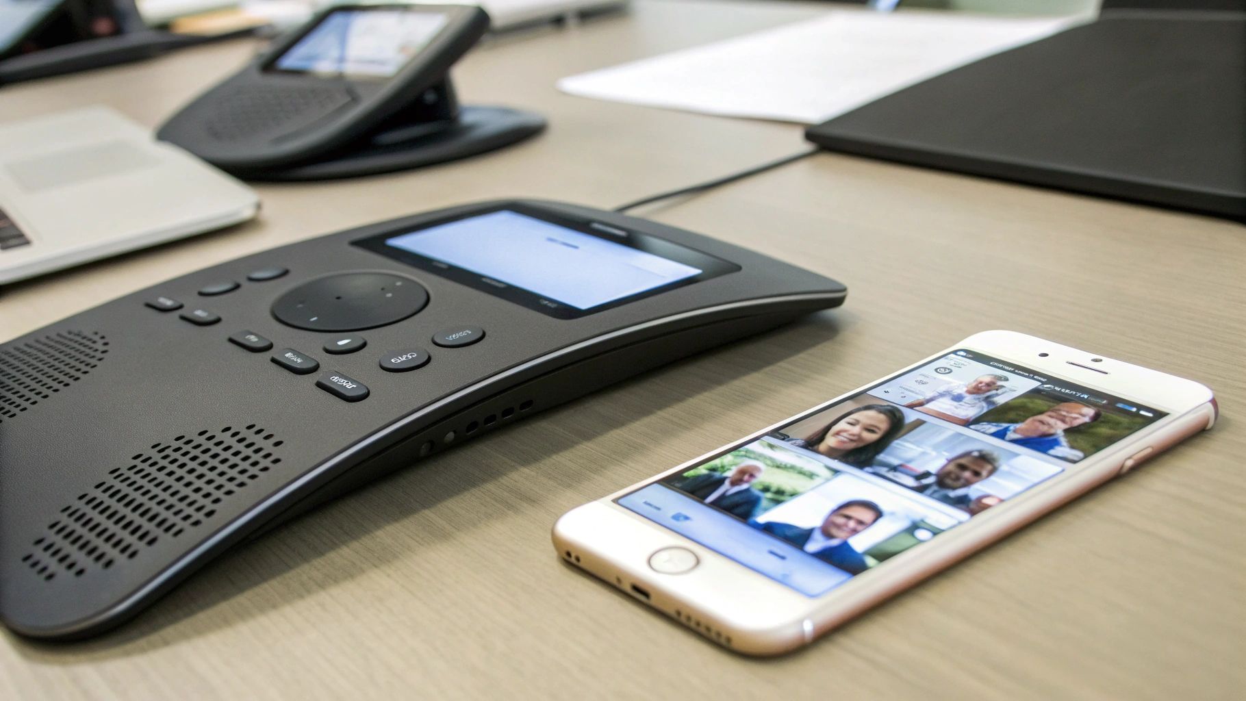 iPhone 17 и Galaxy S25 на громкой связи во время конференц-звонка