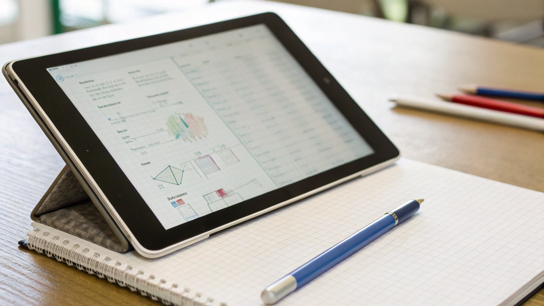 Планшет на столе с открытыми школьными заданиями и фотографией тетради